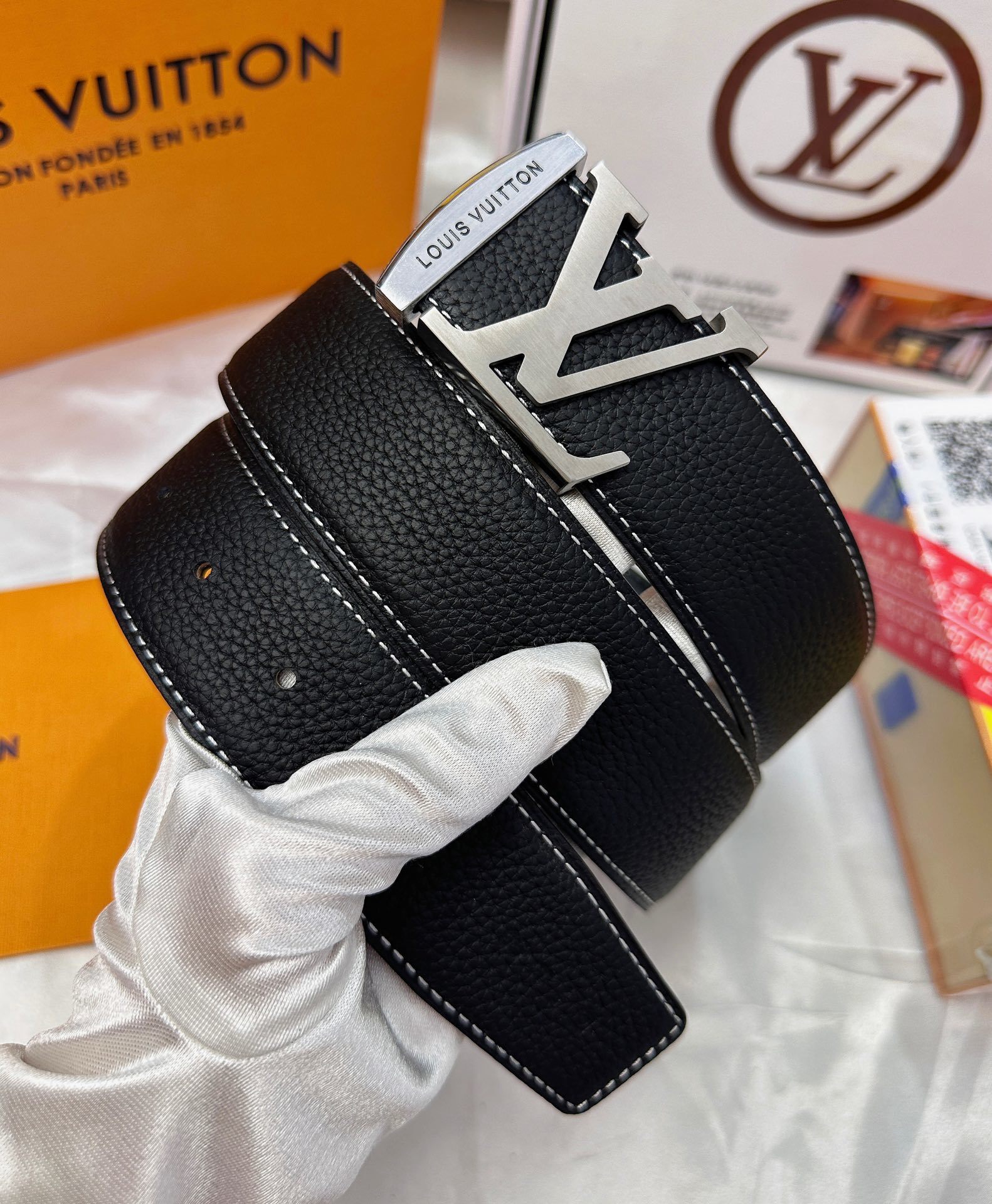 Louis Vuitton Men's Black Pebble Leather Belt with Silver LV Buckle