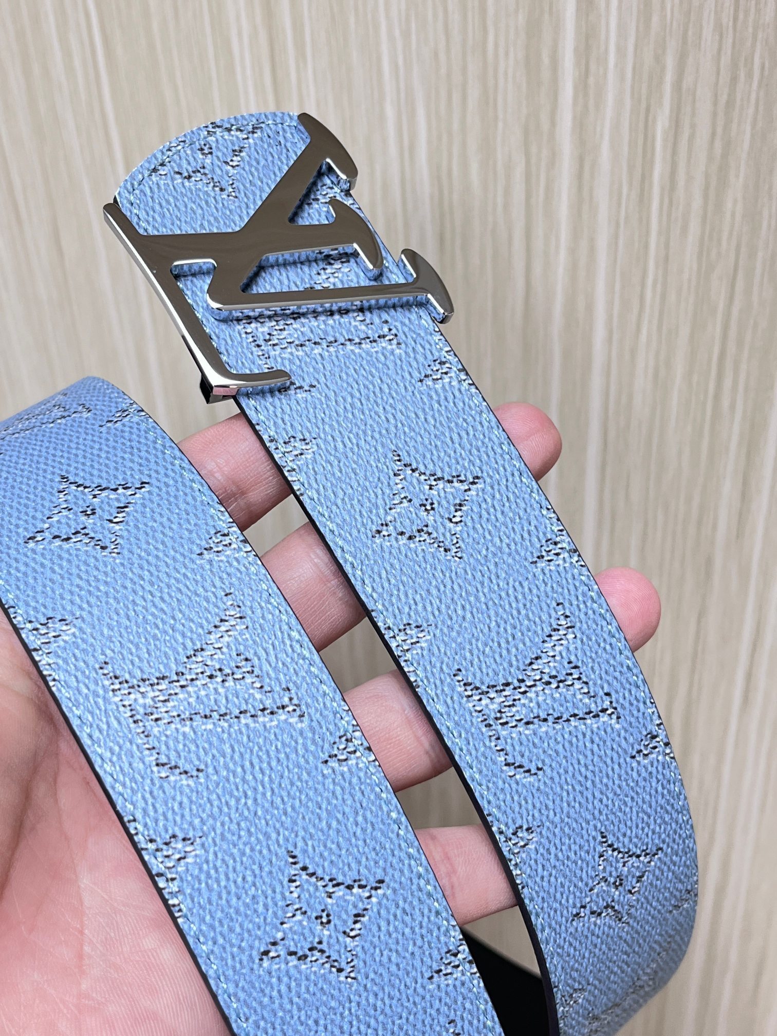 Louis Vuitton Men's Light Blue Monogram Leather Belt with LV Buckle