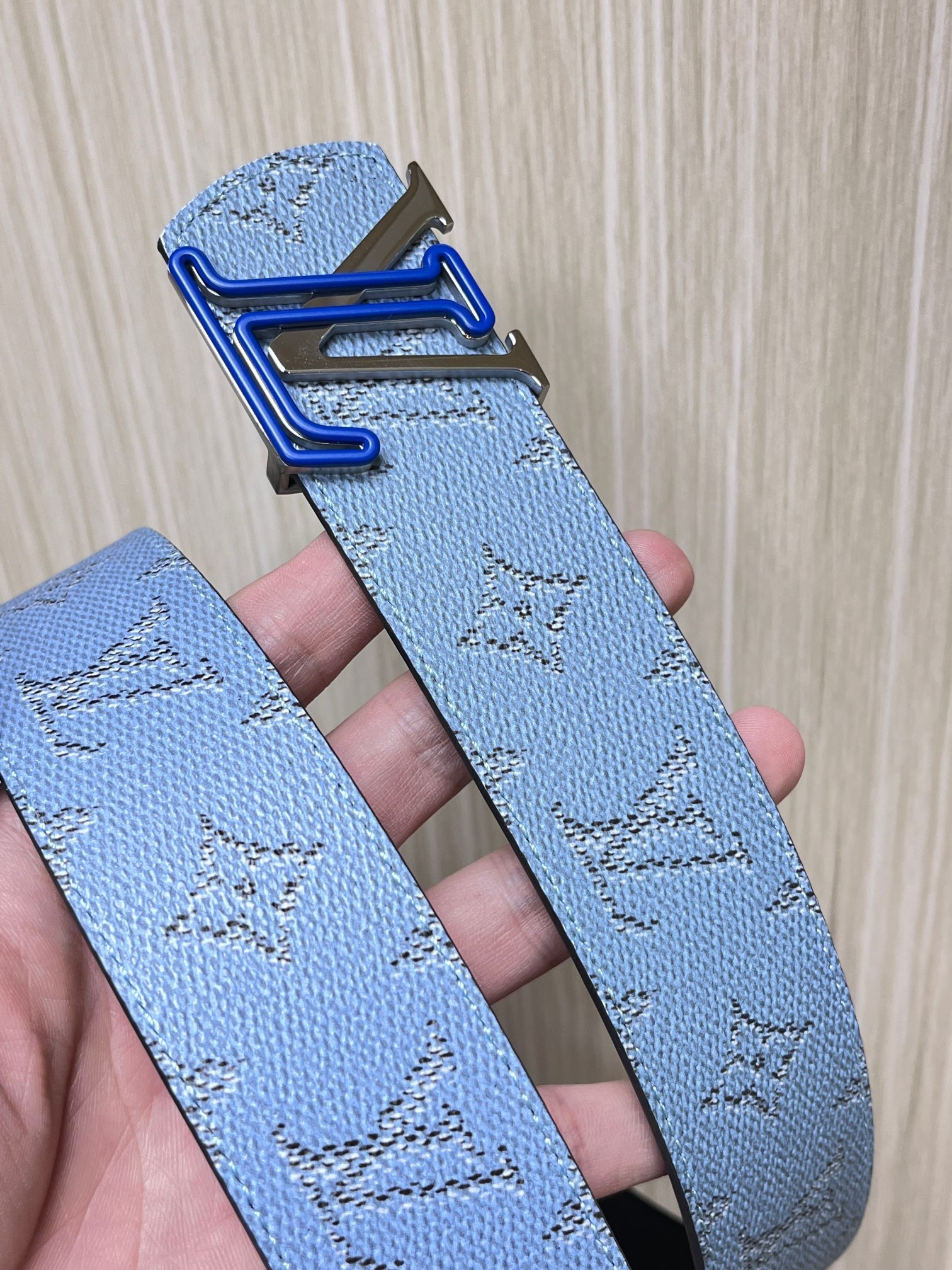 Louis Vuitton Men's Blue Monogram Leather Belt with LV Buckle