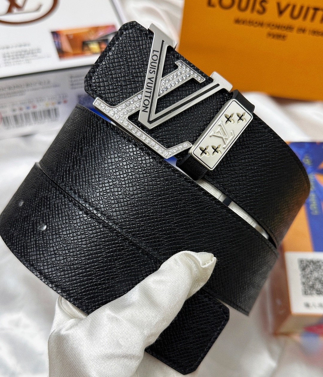 Louis Vuitton Men's Black Leather Belt with Crystal LV Buckle