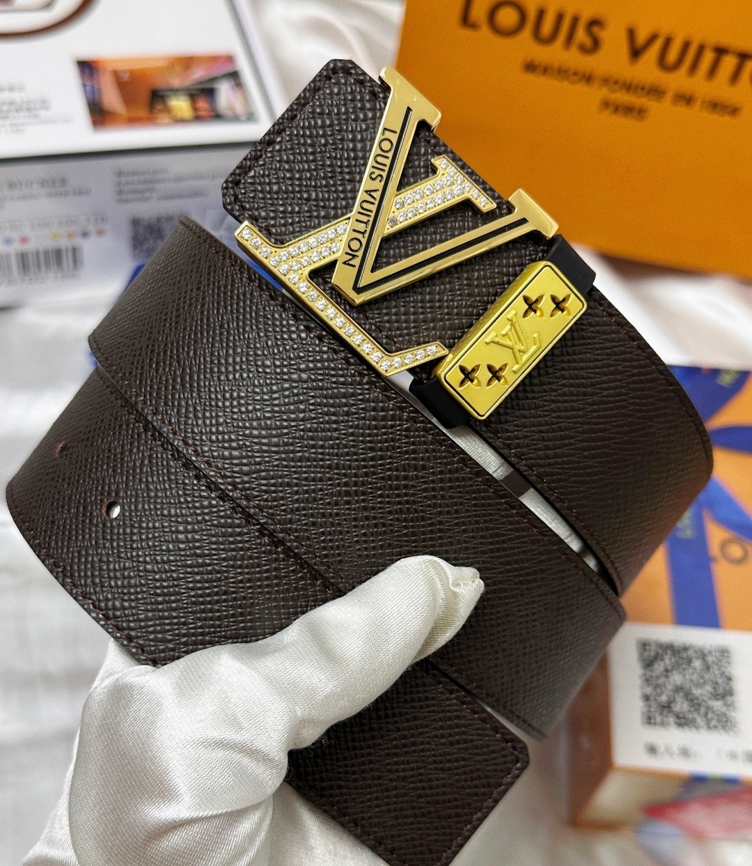 Louis Vuitton Men's Brown Leather Belt - Gold Crystal LV Buckle