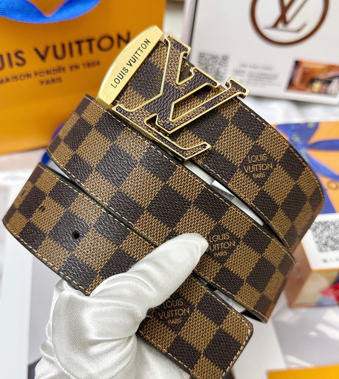Louis Vuitton LV Initiales 40mm Damier Ebene Belt - Gold Edition