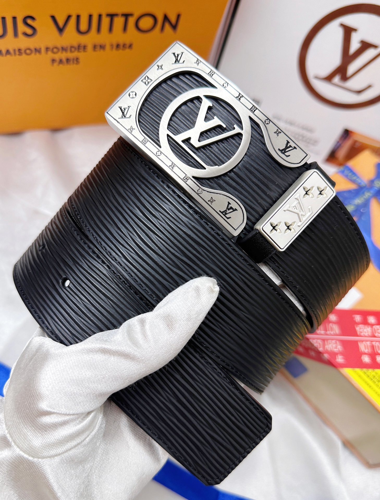 Louis Vuitton Men's Black Epi Leather Belt with Silver LV Buckle