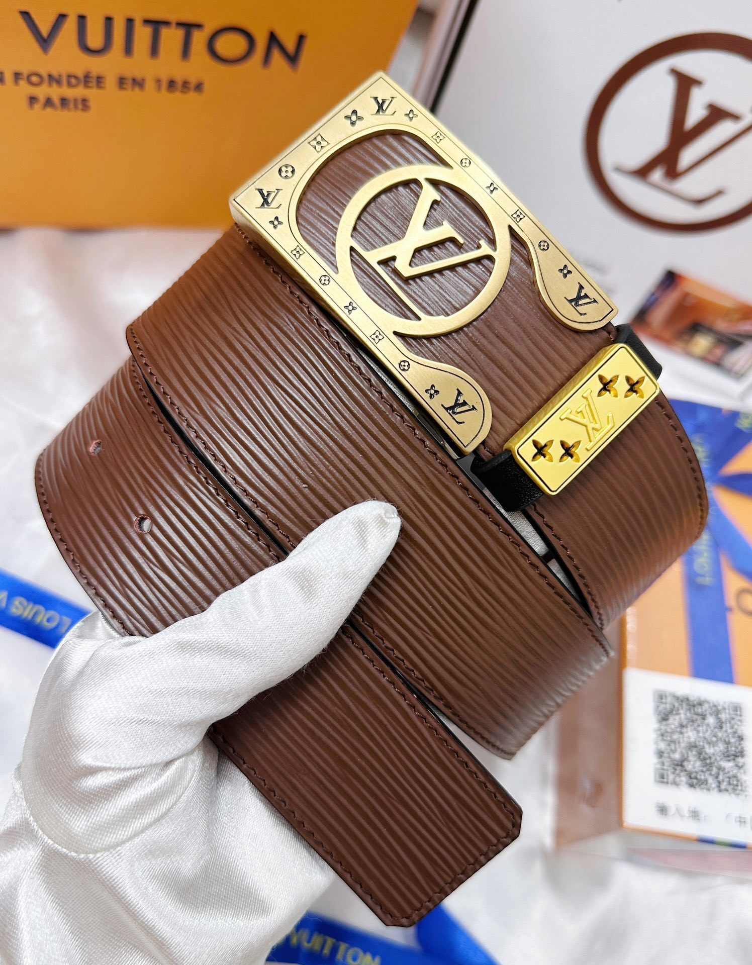 Louis Vuitton Men's Brown Epi Leather Belt with Gold Icon Buckle
