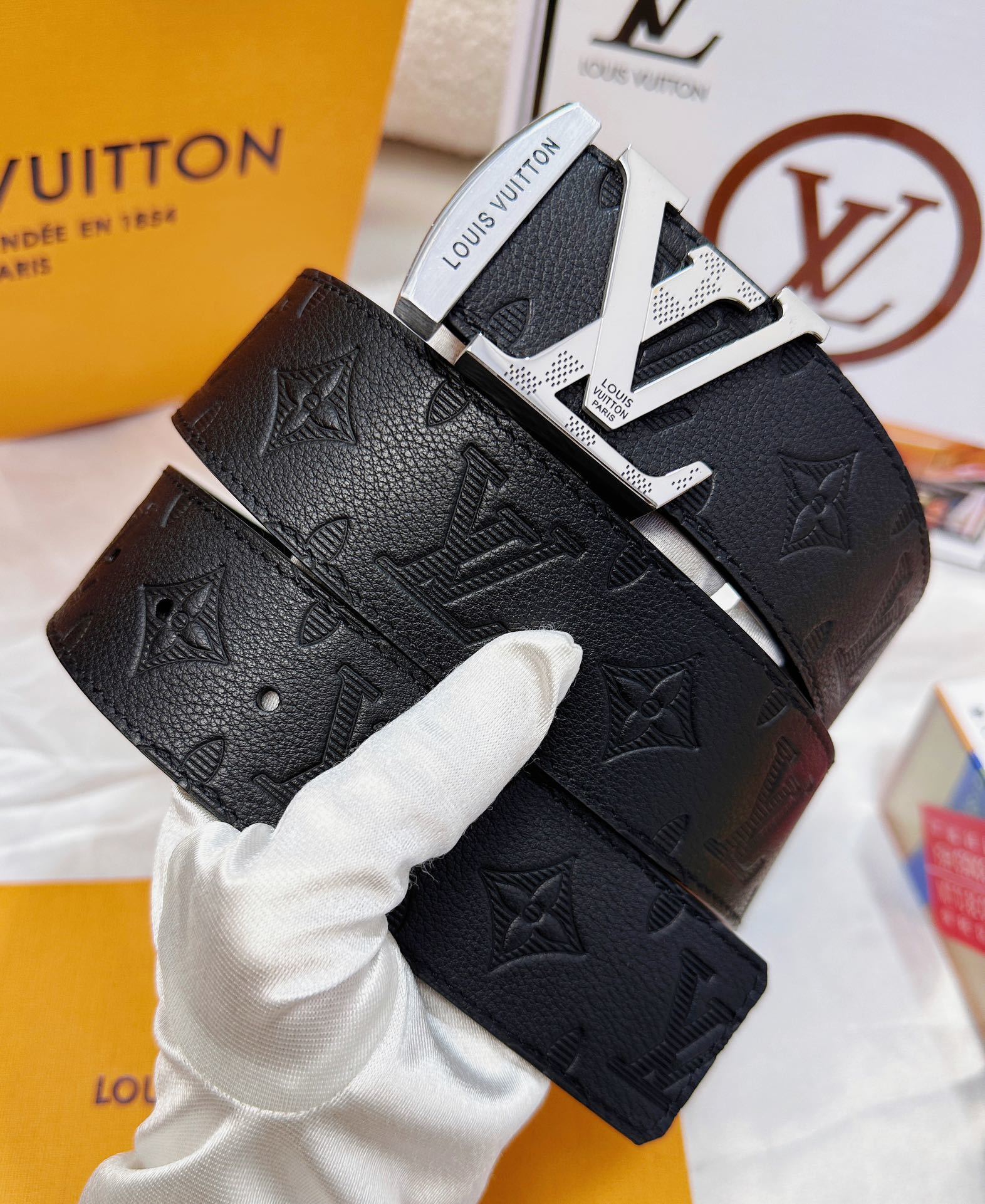 Louis Vuitton Men's Black Monogram Leather Belt Silver LV Buckle