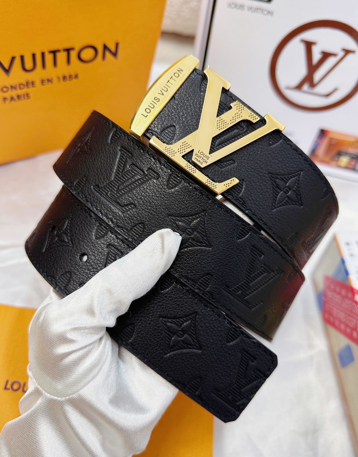 Louis Vuitton Men's Black Monogram Leather Belt with Gold Buckle