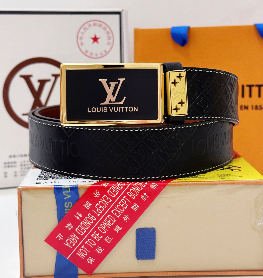 Louis Vuitton Men's Embossed Leather Belt with Luxury Buckle