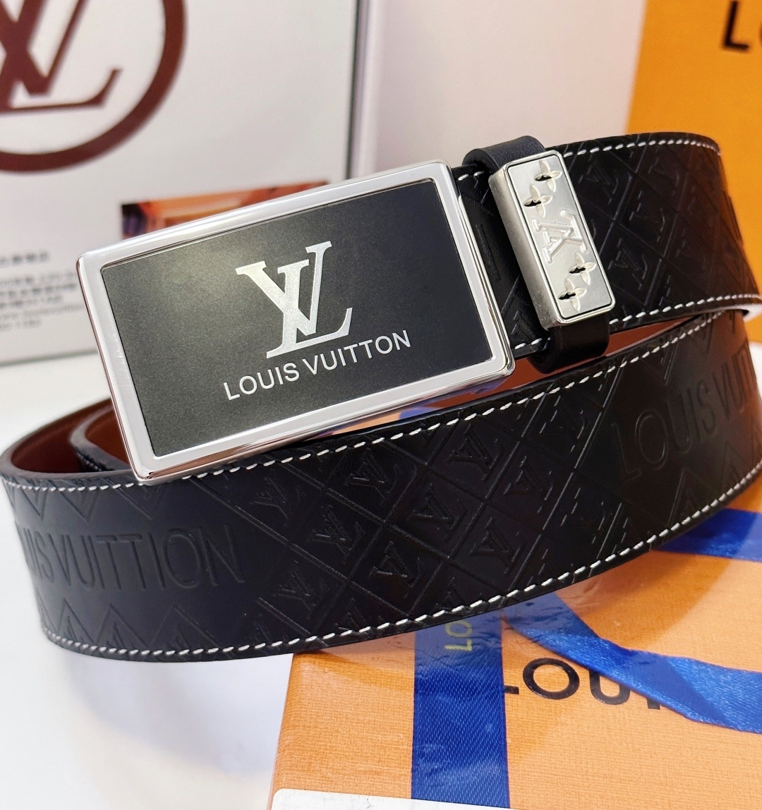 Louis Vuitton Black Embossed Leather Belt with Silver Buckle