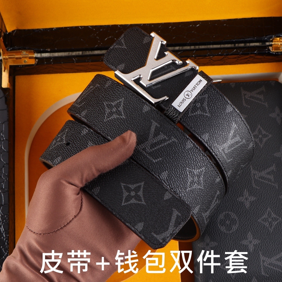 Luxury Men's Monogram Eclipse Leather Belt and Wallet Gift Set