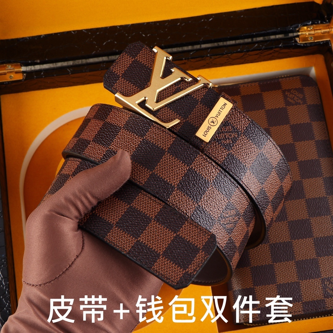LV Damier Ebene Men's Leather Belt & Zip Wallet Luxury Gift Box Set