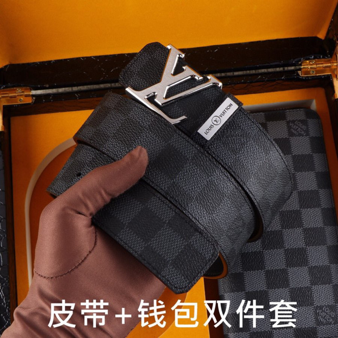 Luxury Men's Leather Belt and Long Wallet Set - Checkered Design