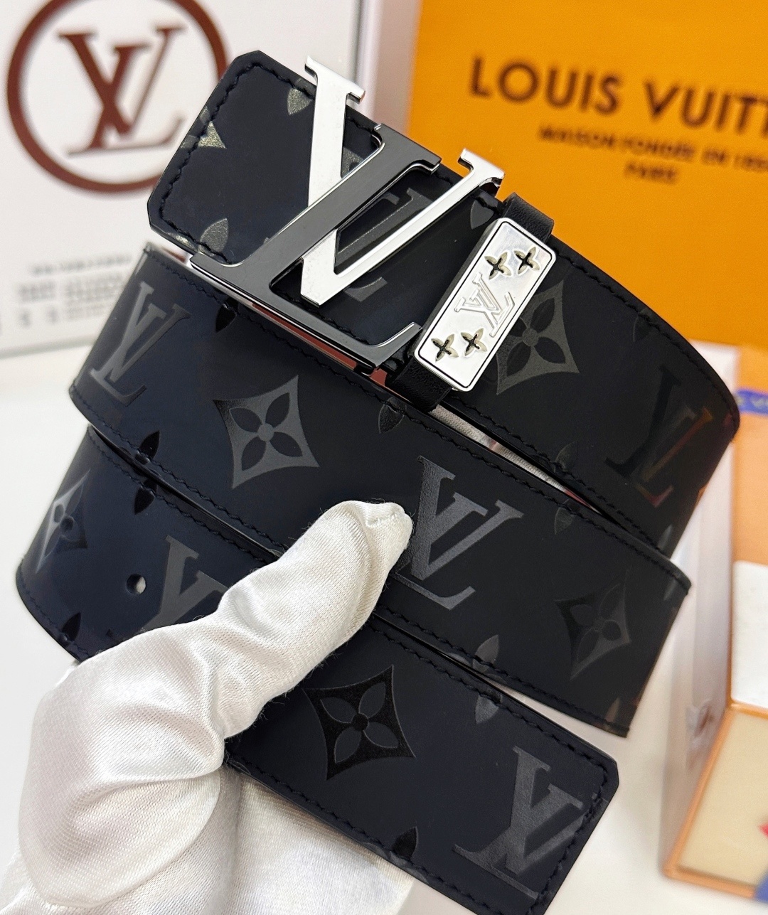 Louis Vuitton LV Initial Silver Buckle Black Monogram Leather Belt