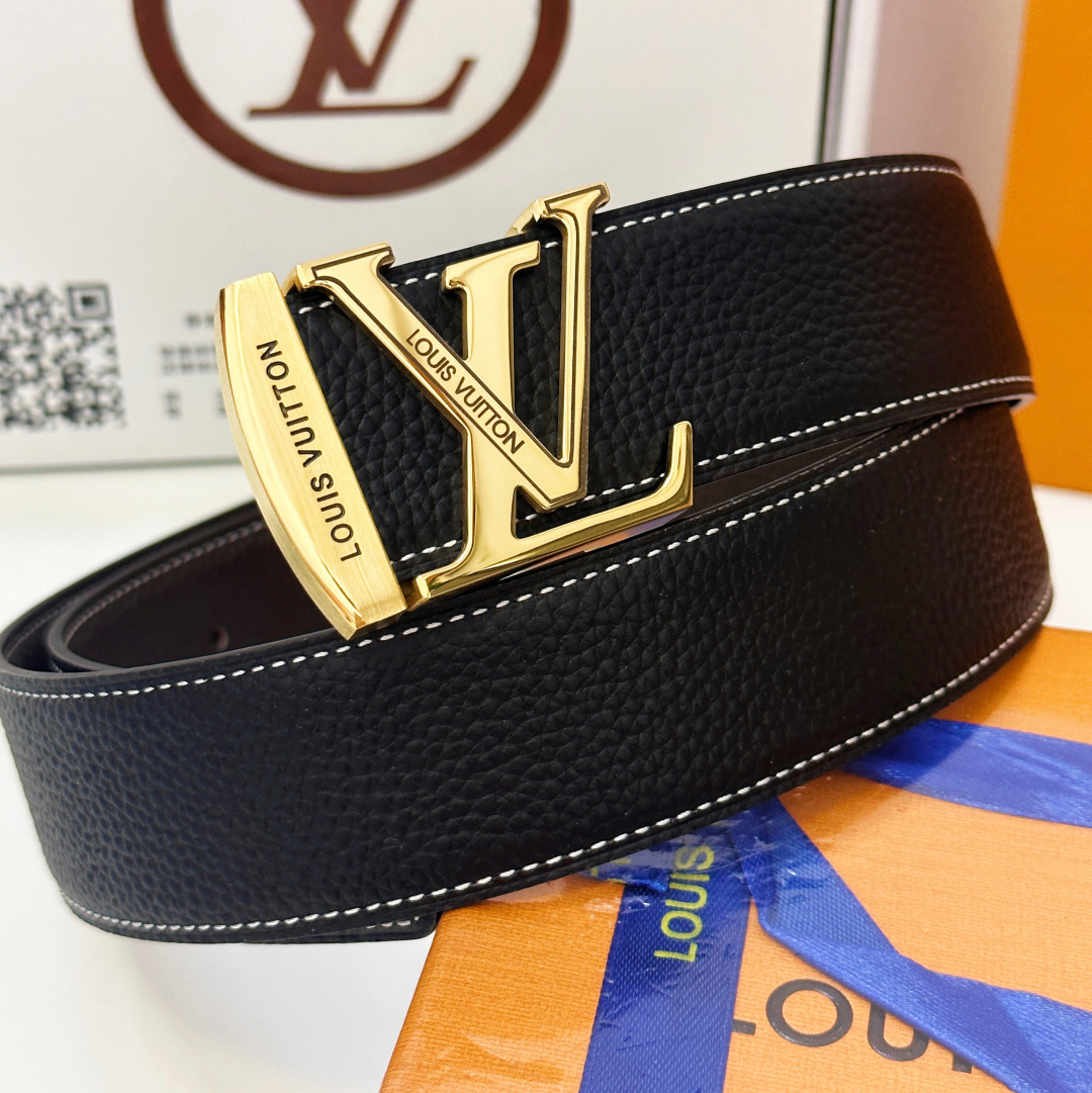 Louis Vuitton Men's Black Leather Belt with Gold LV Initial Buckle