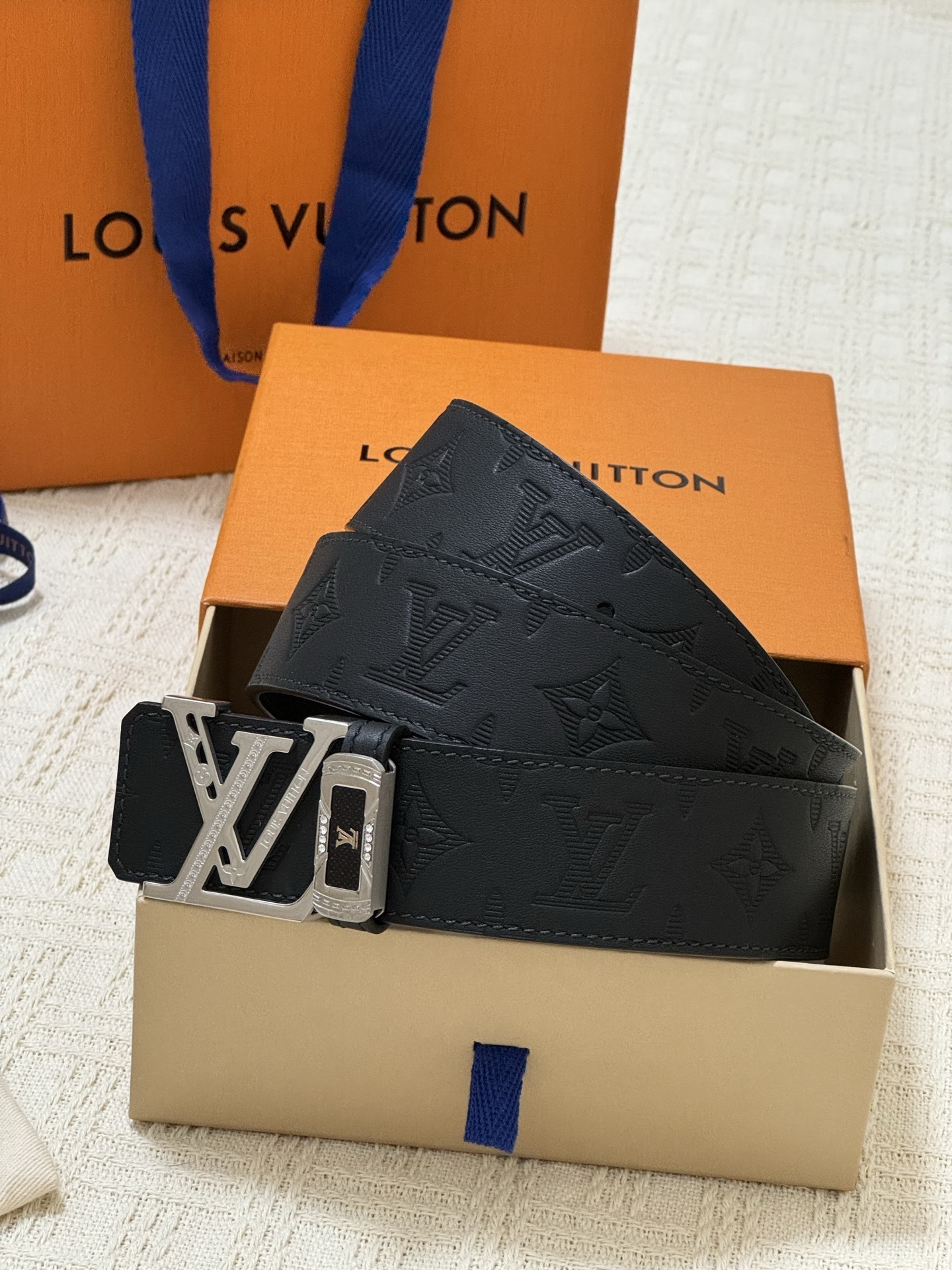 Louis Vuitton Men's Belt Black Embossed Monogram Silver Buckle