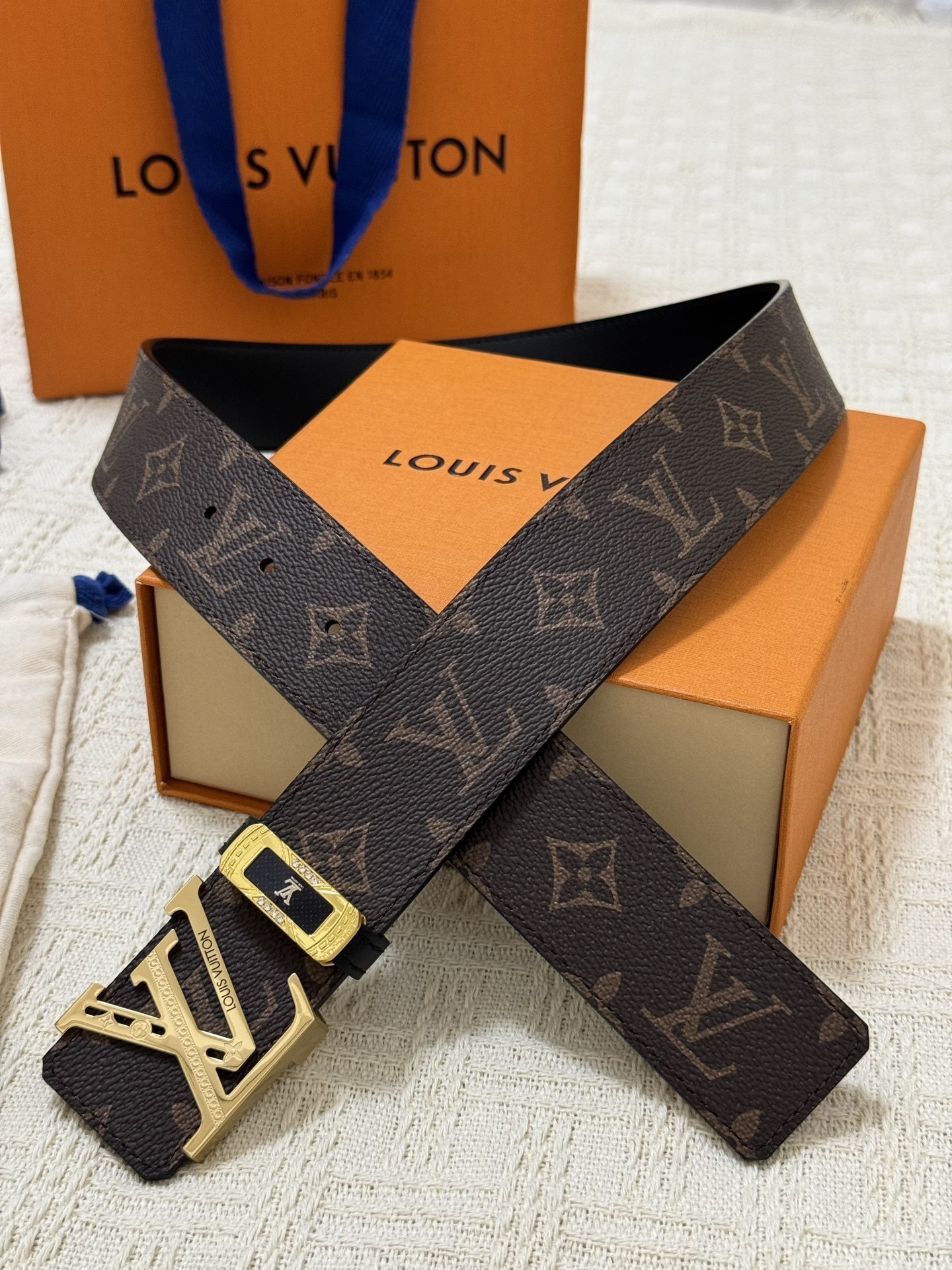 Louis Vuitton Monogram Canvas Belt with Gold LV Initial Buckle