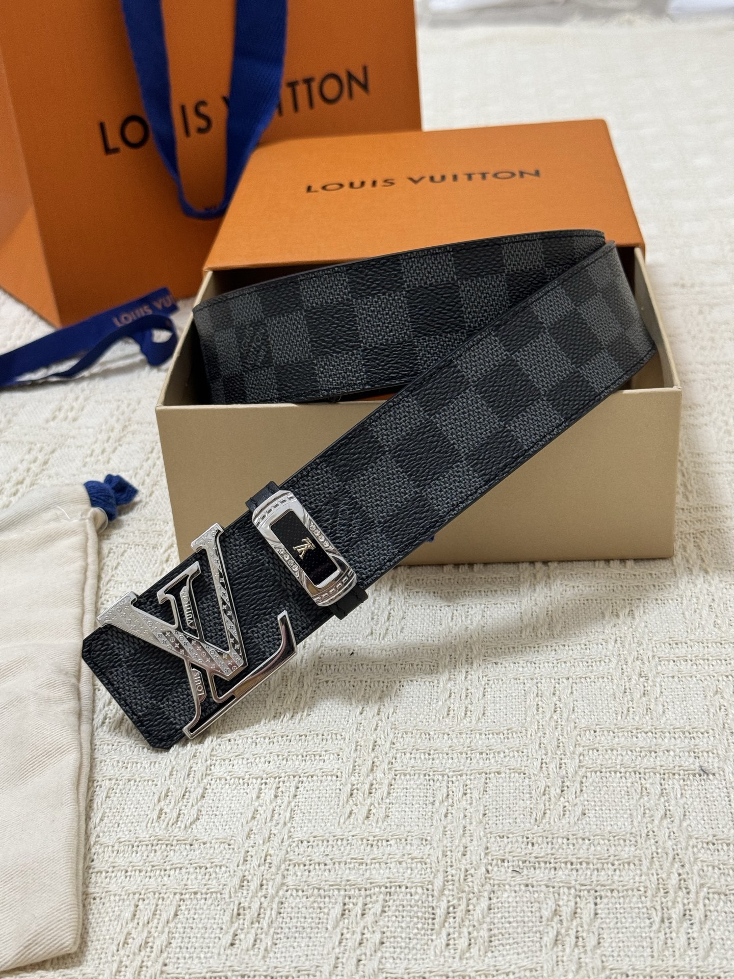 Louis Vuitton Men's Damier Graphite Belt with Silver LV Buckle