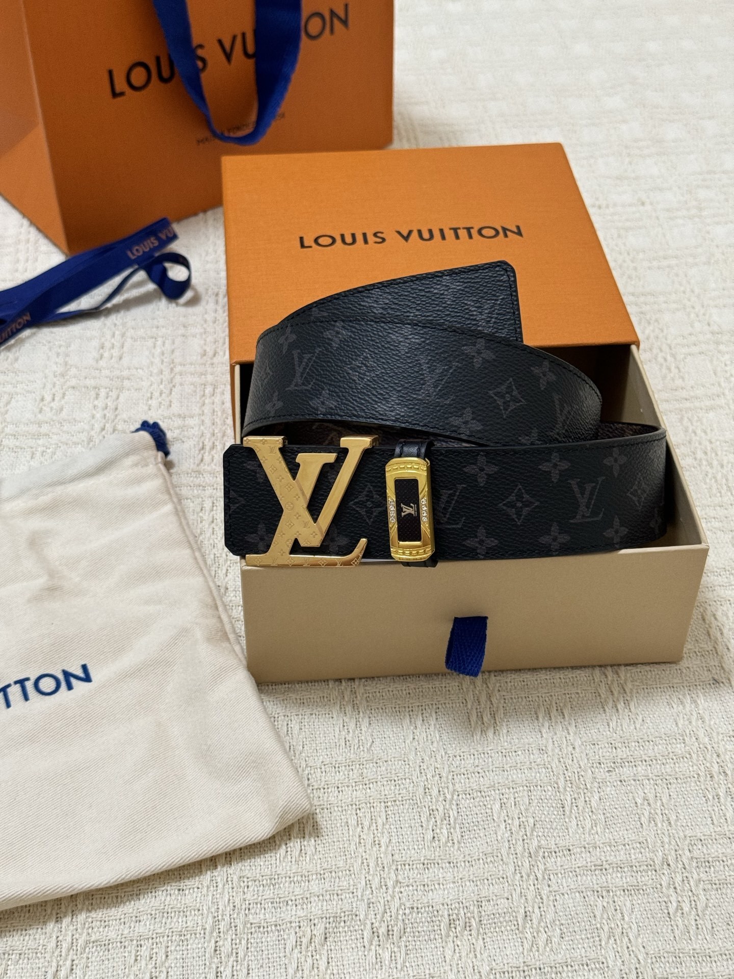 Louis Vuitton Monogram Eclipse Belt - Gold LV Buckle & Crystals