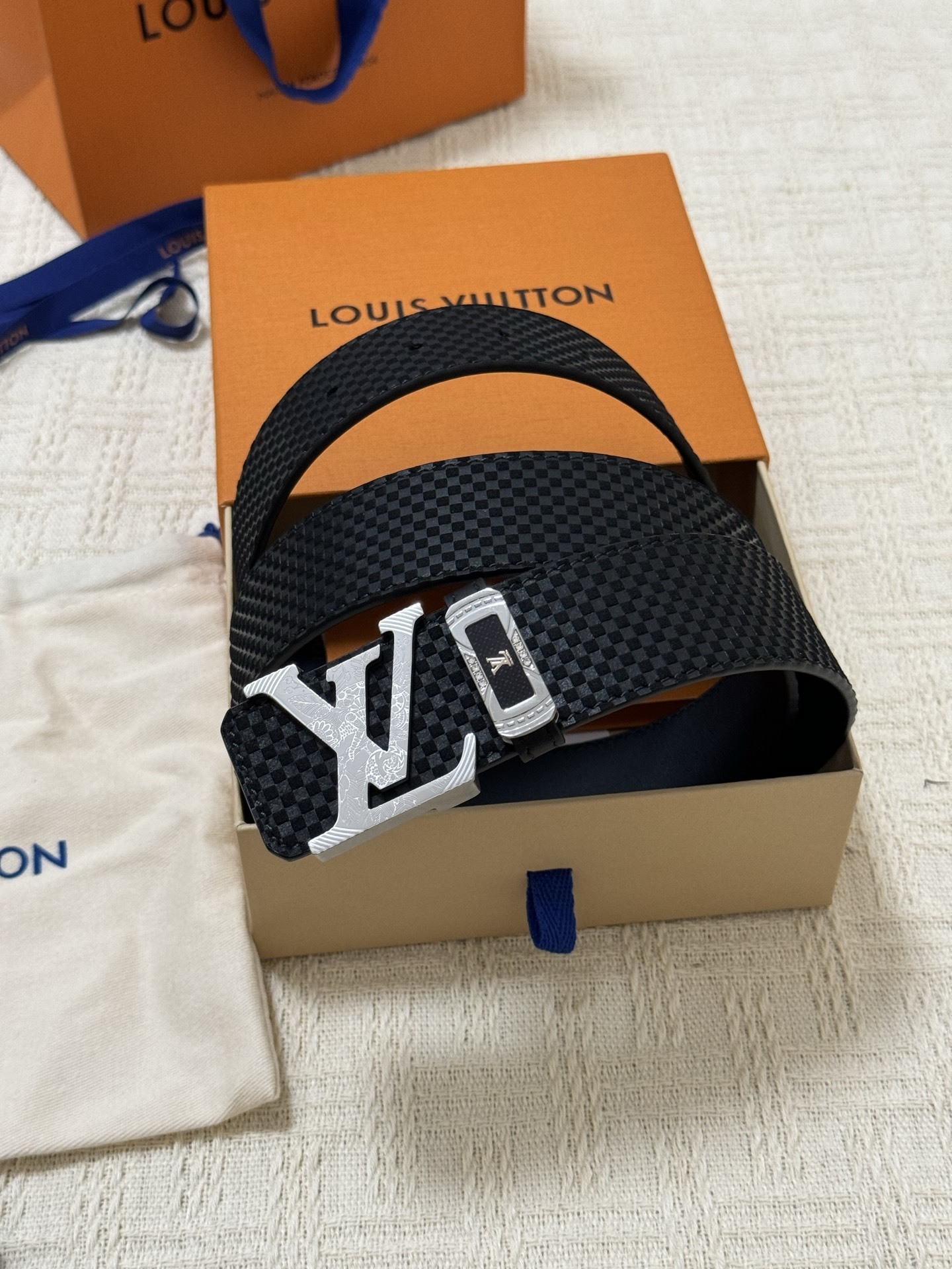 Louis Vuitton Men's Black Damier Leather Belt with Silver LV Buckle