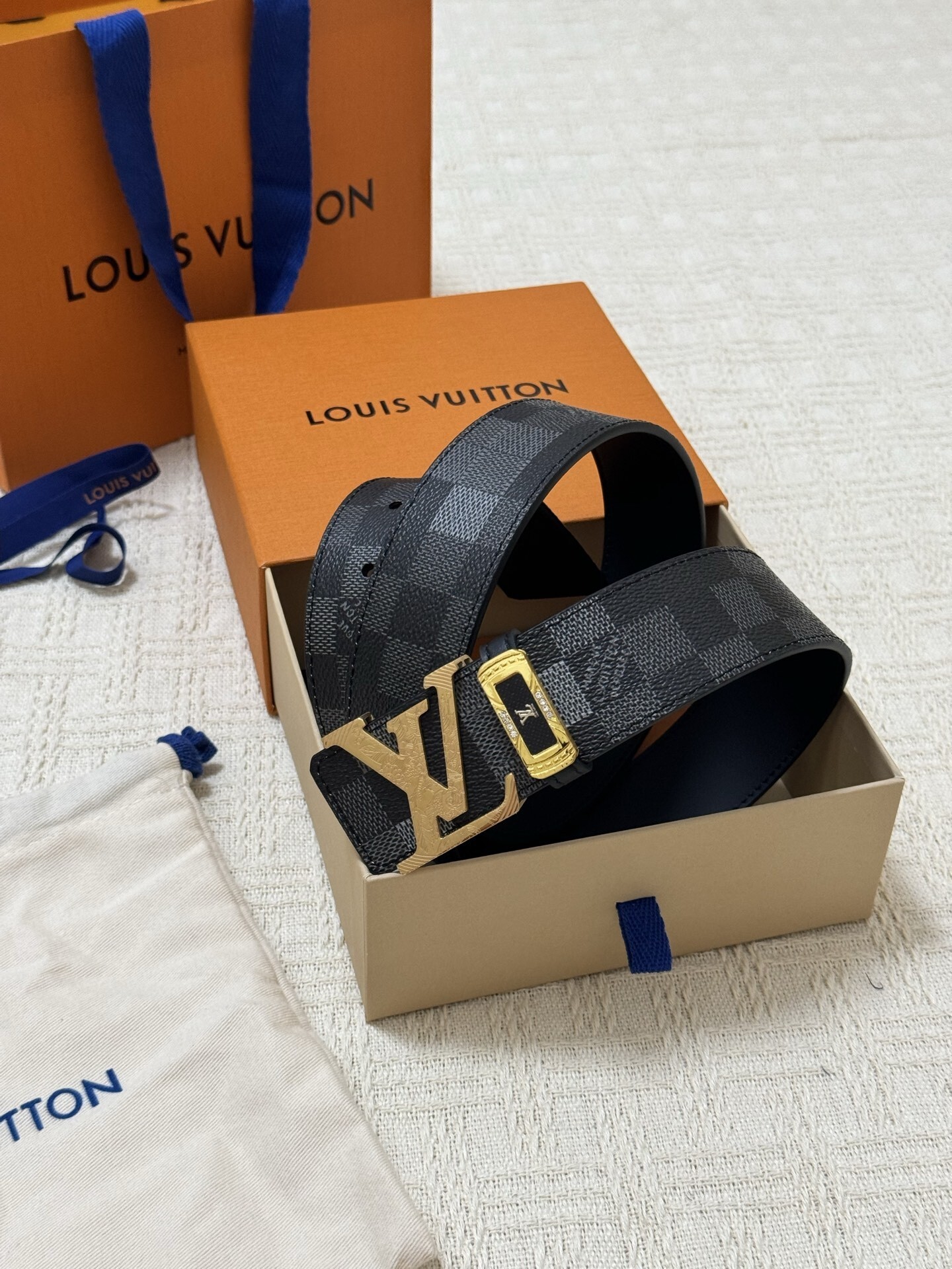 Louis Vuitton Damier Graphite Belt with Gold LV Buckle for Men