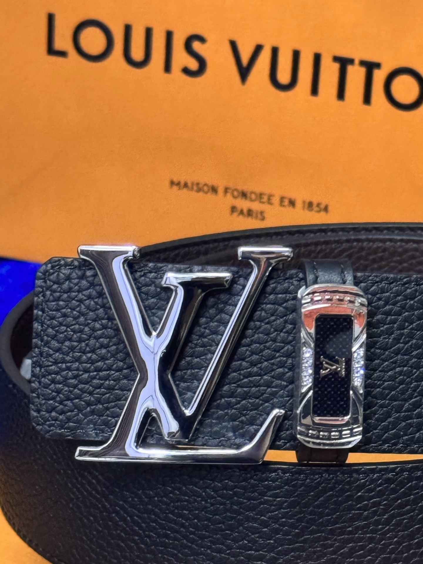 Louis Vuitton Men's Black Leather Belt with Silver LV Buckle