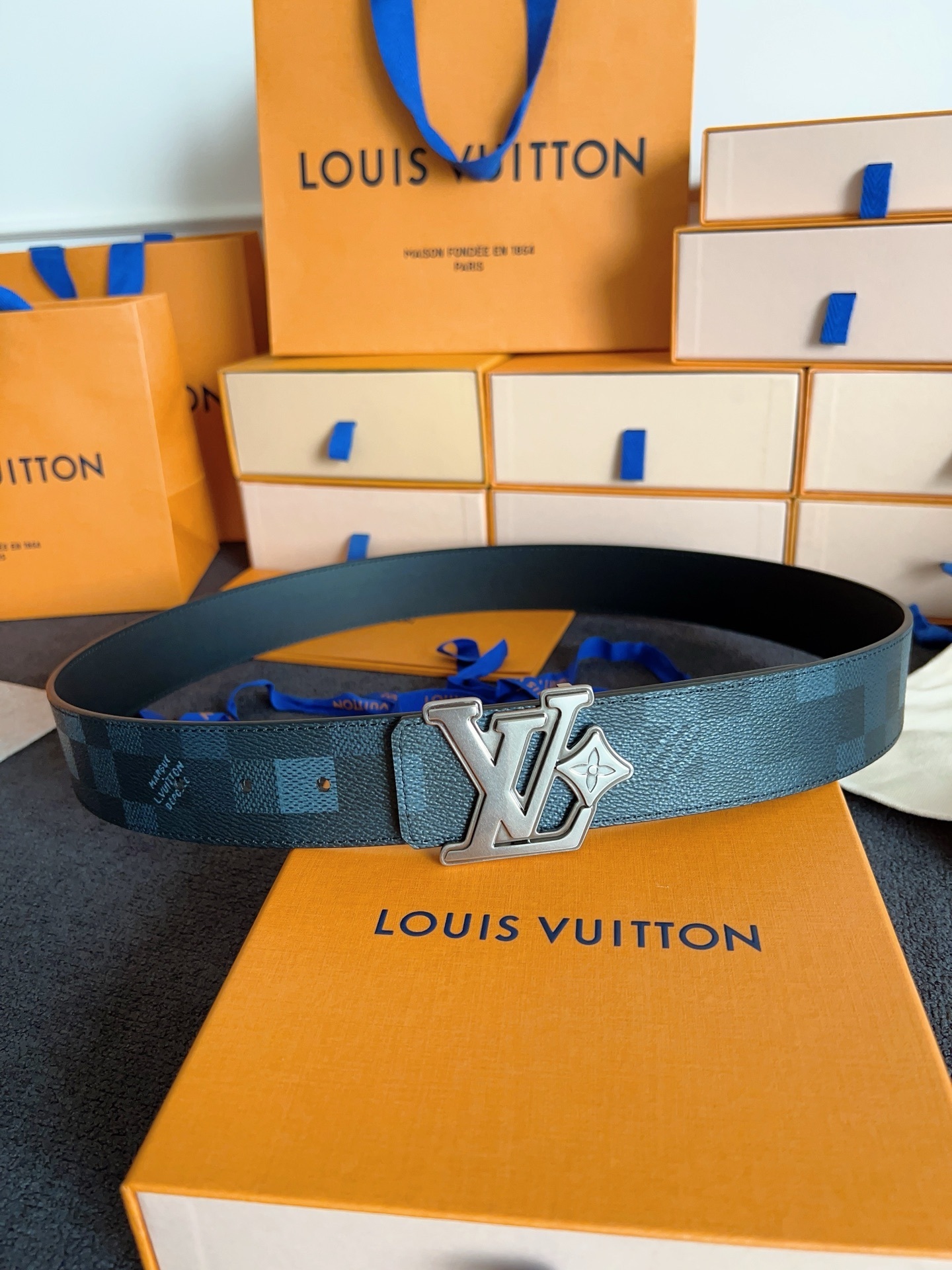 Louis Vuitton Men's Damier Cobalt Belt with Silver LV Flower Buckle