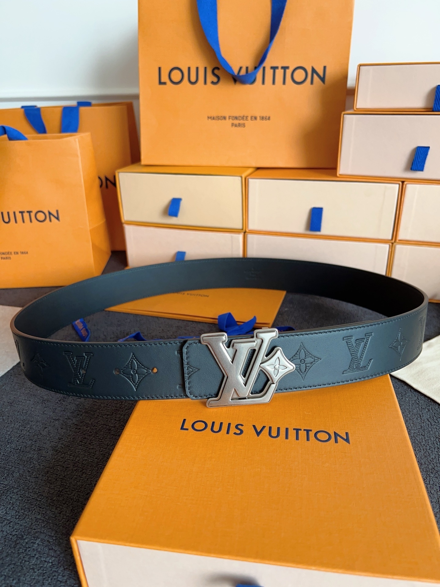 Louis Vuitton LV Initiales Black Monogram Embossed Leather Belt