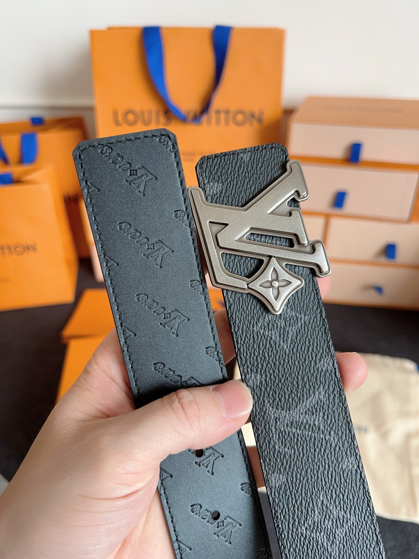 Louis Vuitton Monogram Eclipse Belt with Sculpted Silver LV Buckle