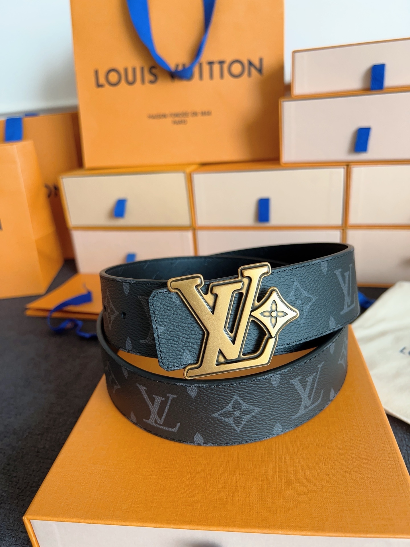 Louis Vuitton Monogram Eclipse Belt with Gold-Tone LV Initiales