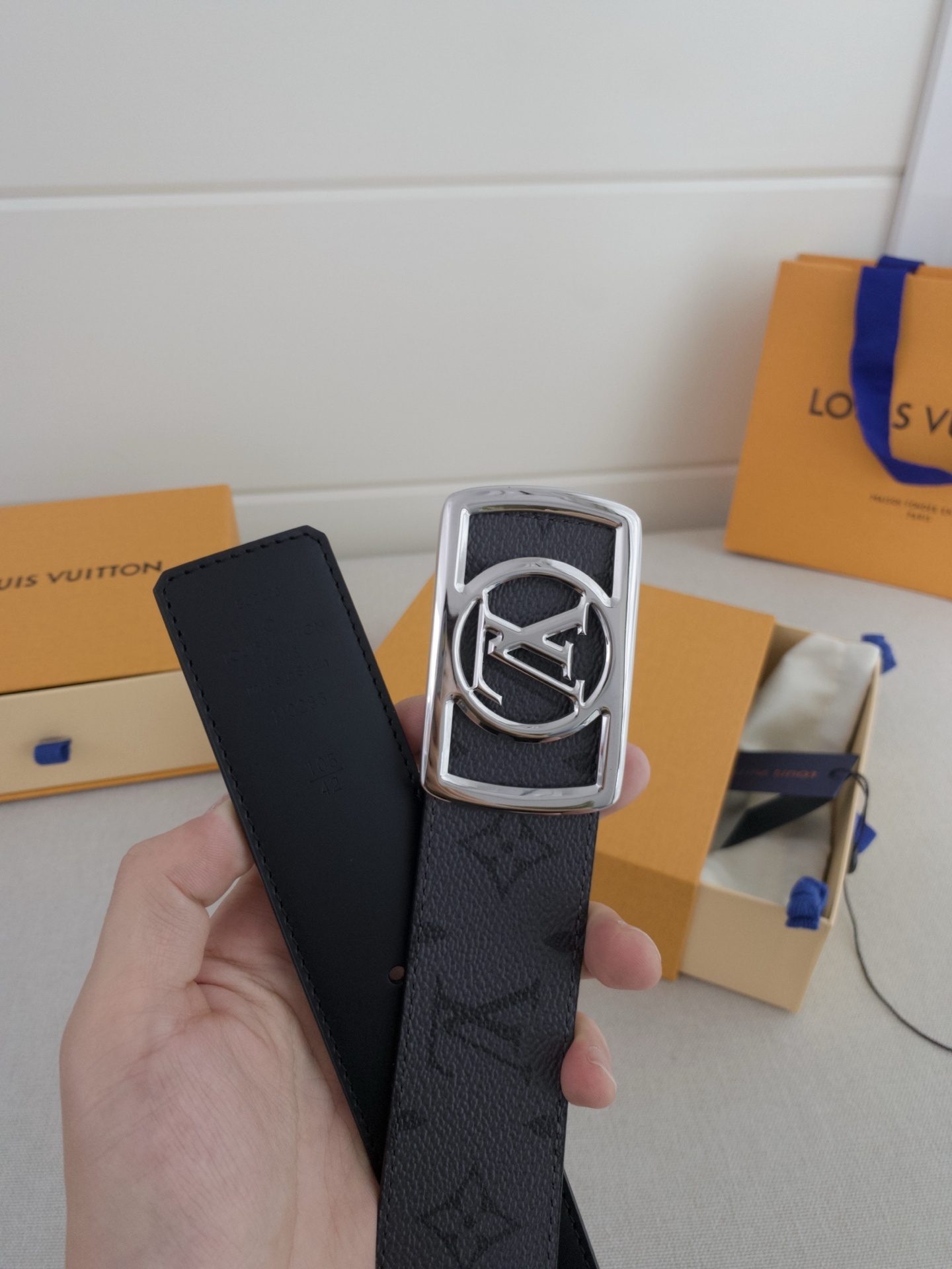 Louis Vuitton Monogram Eclipse Belt with Silver Framed LV Buckle