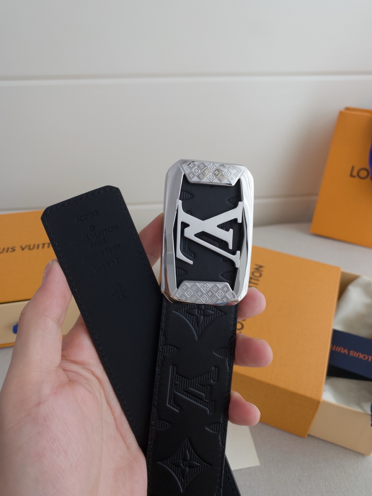 Louis Vuitton Monogram Shadow Black Leather Belt with Silver Buckle