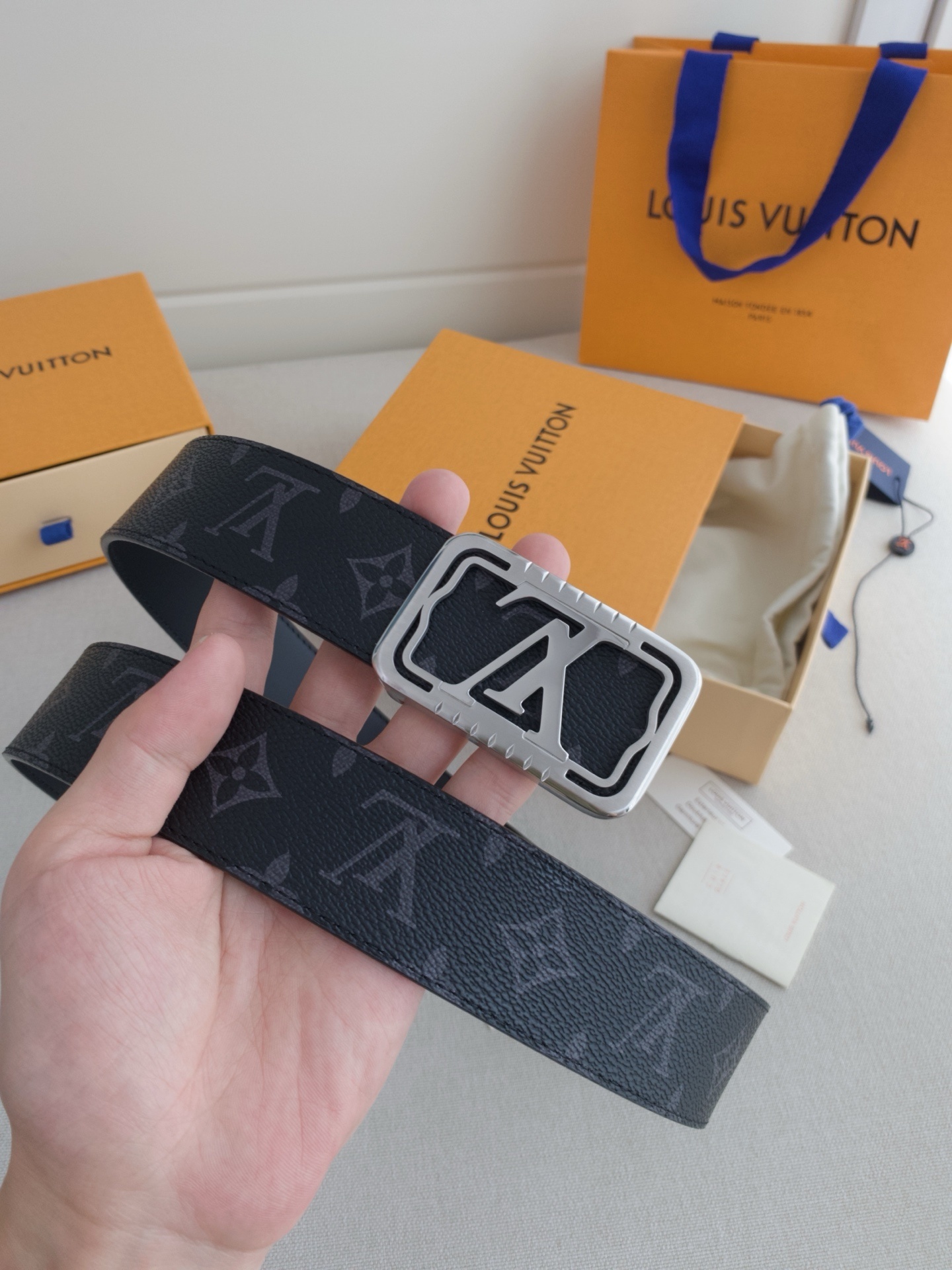 Louis Vuitton Men's Monogram Eclipse Belt with Silver LV Buckle