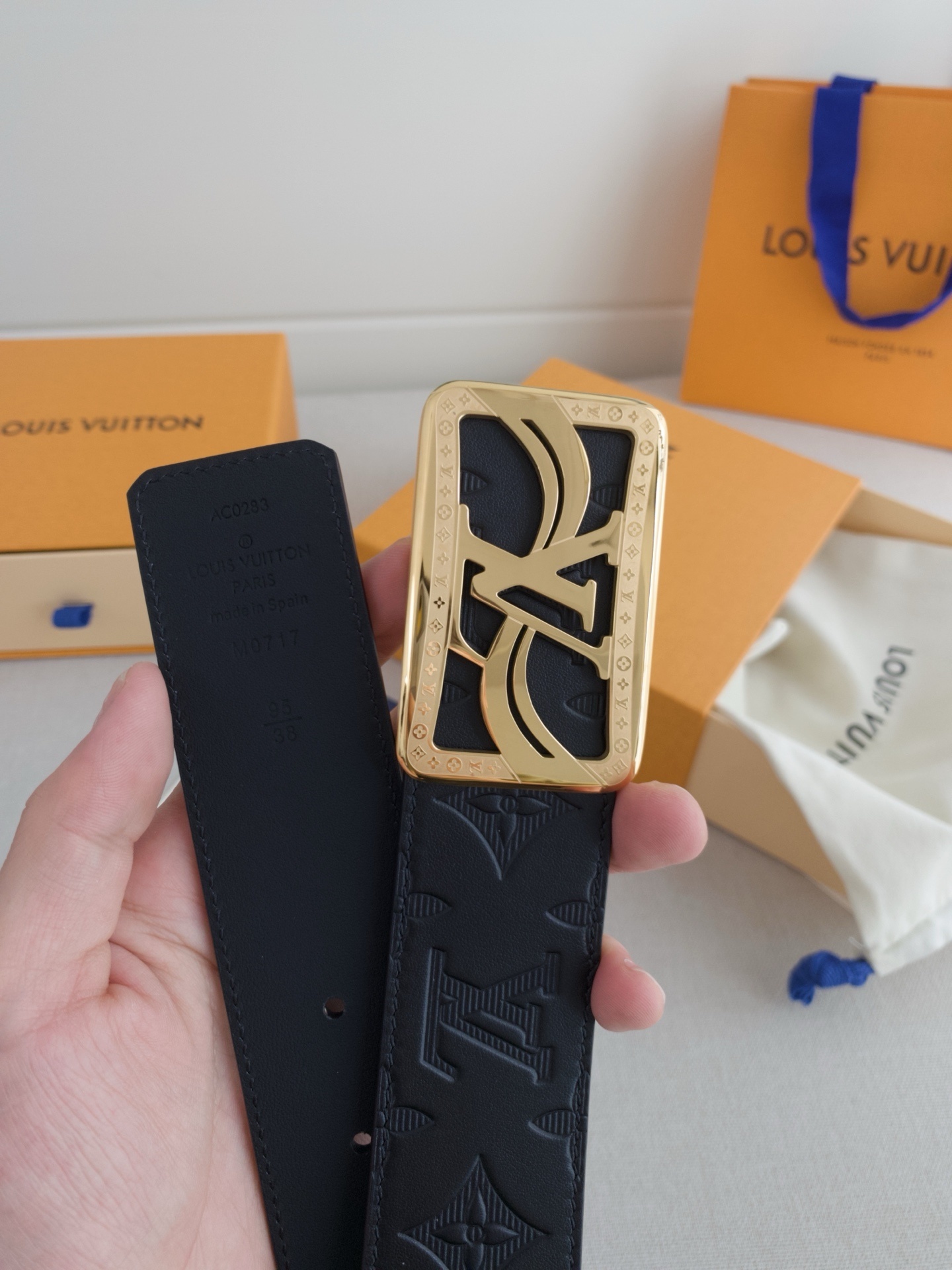 Louis Vuitton Men's Navy Monogram Leather Belt Gold LV Buckle