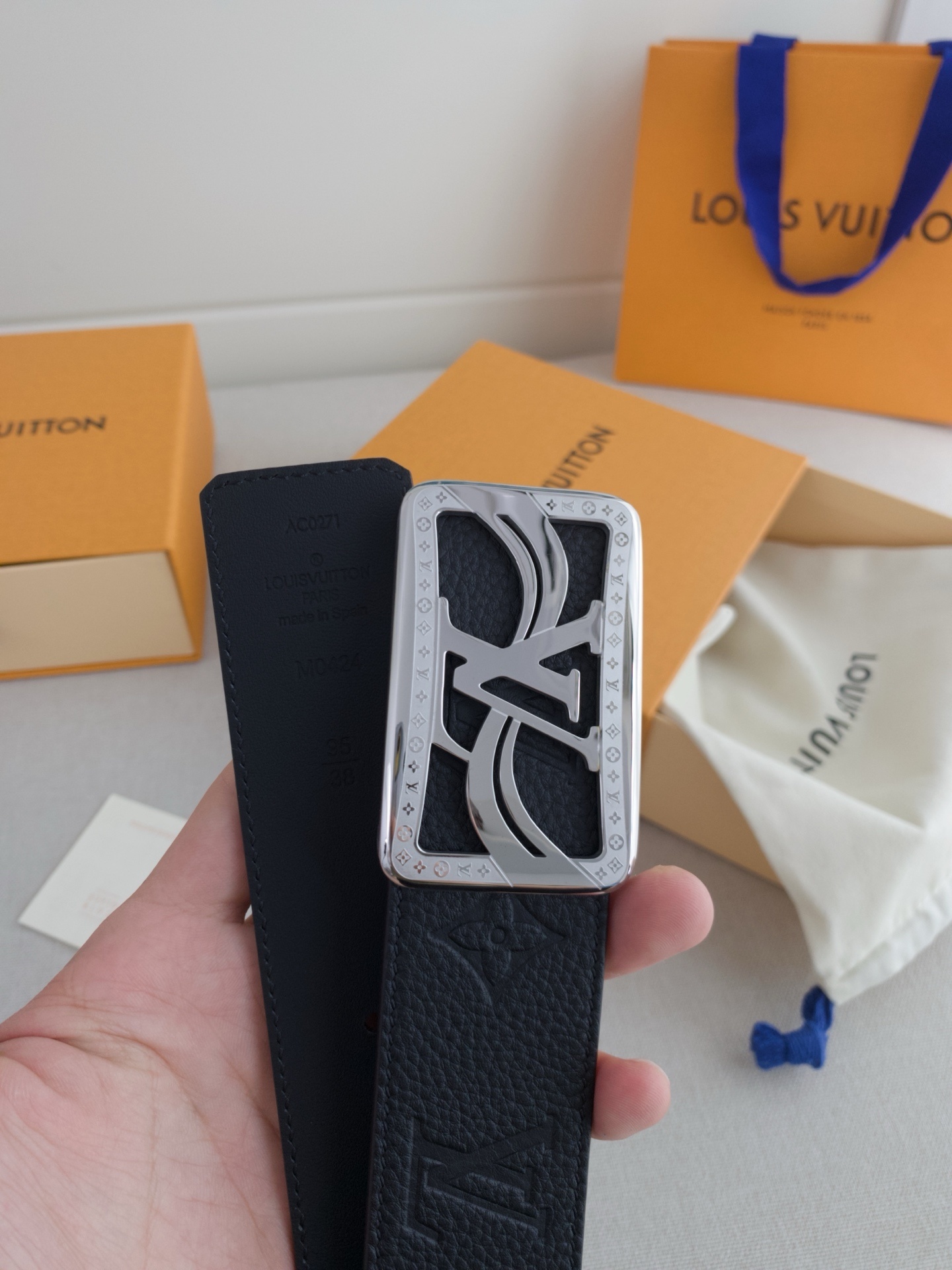 Louis Vuitton Men's Black Leather Belt with Silver LV Frame Buckle