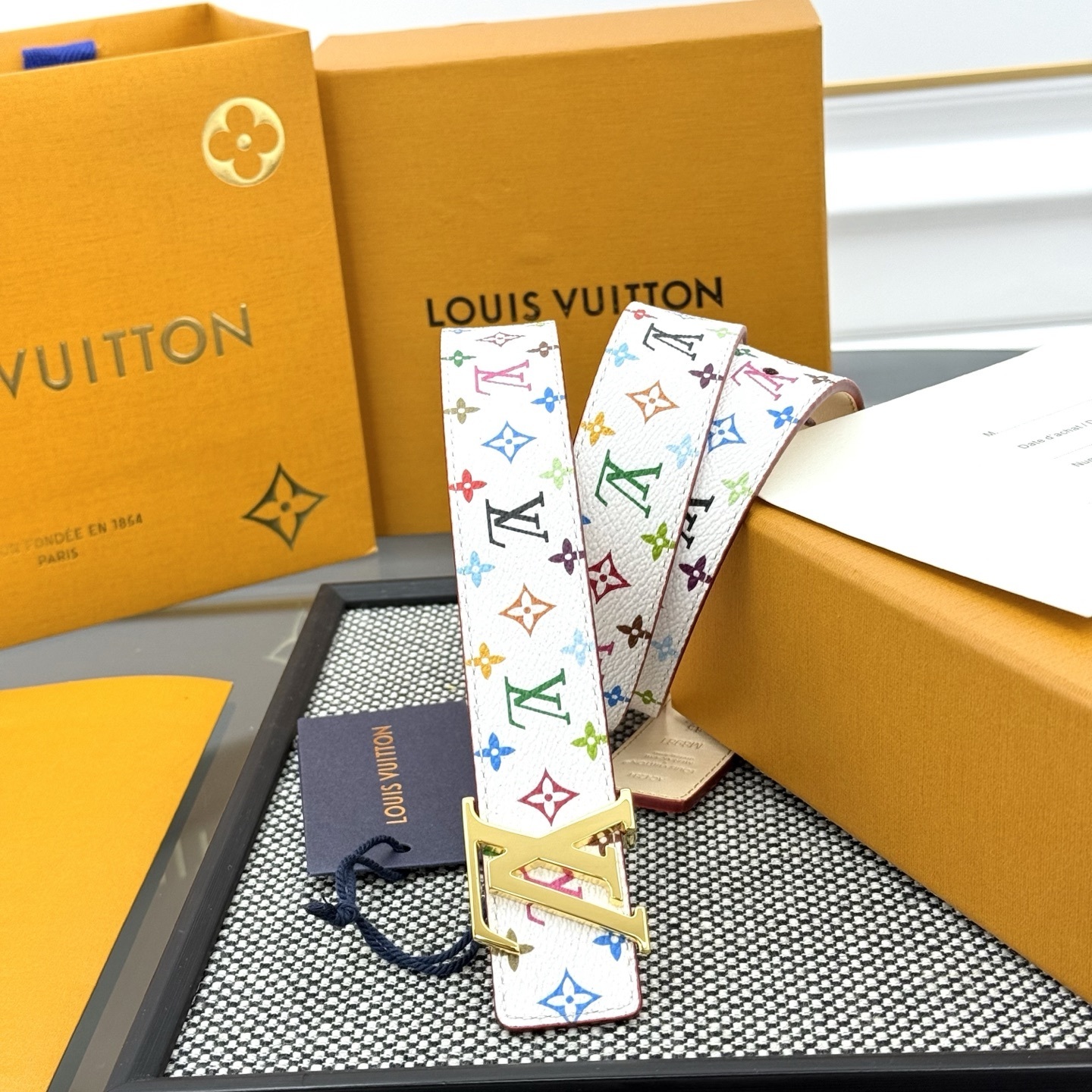 Louis Vuitton White Multicolor Monogram Belt with Gold LV Buckle