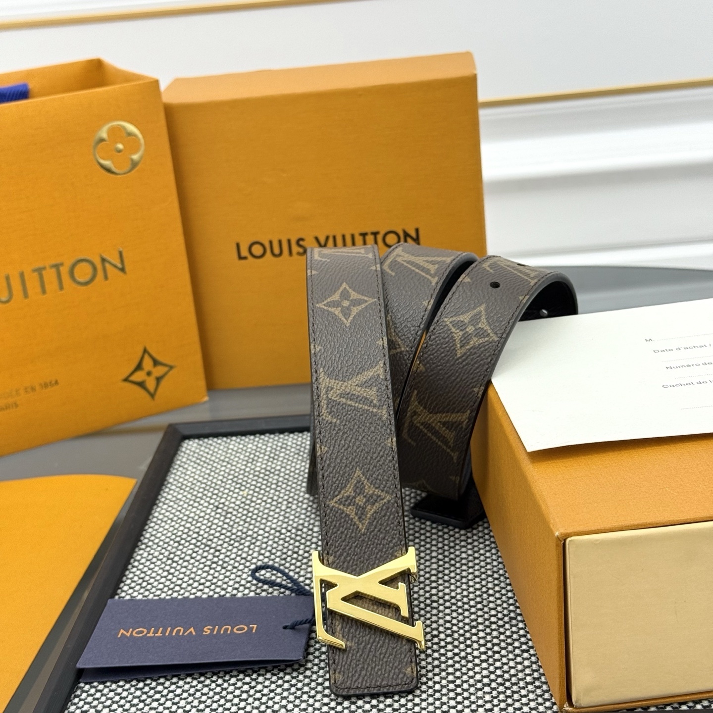 Louis Vuitton Monogram Belt with Gold LV Initial Buckle