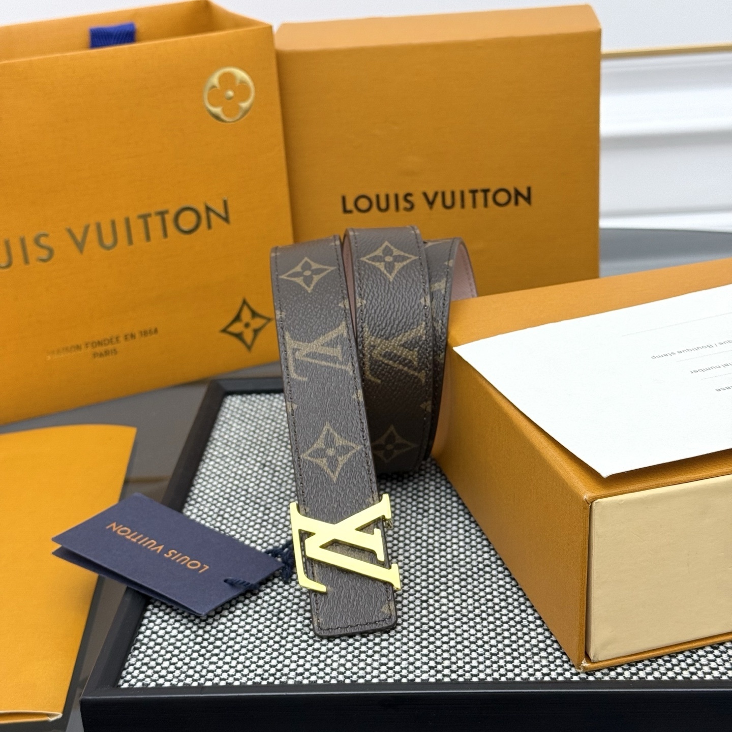 Louis Vuitton Monogram Canvas Belt with Gold LV Initial Buckle