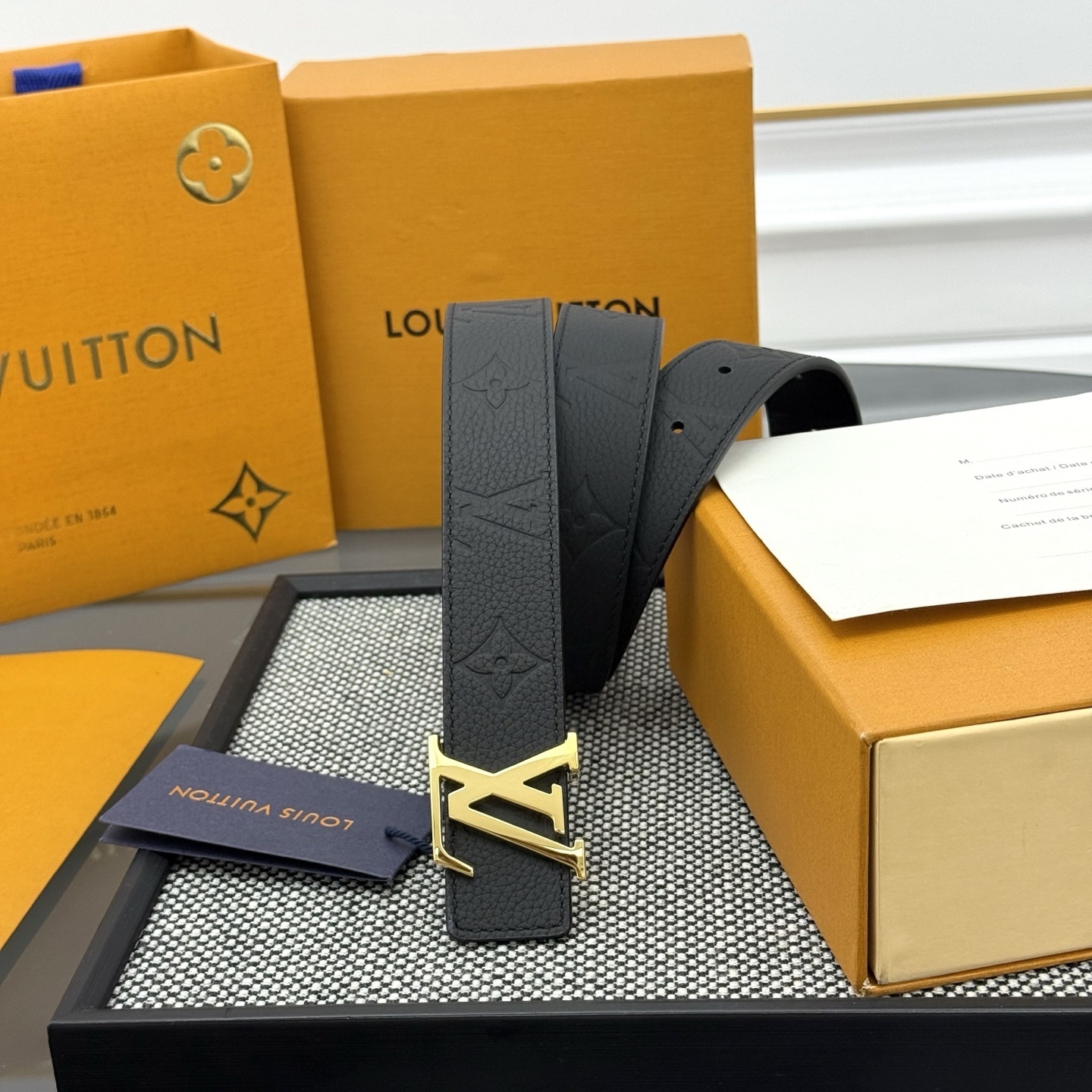 Louis Vuitton Black Monogram Leather Belt with Gold LV Buckle
