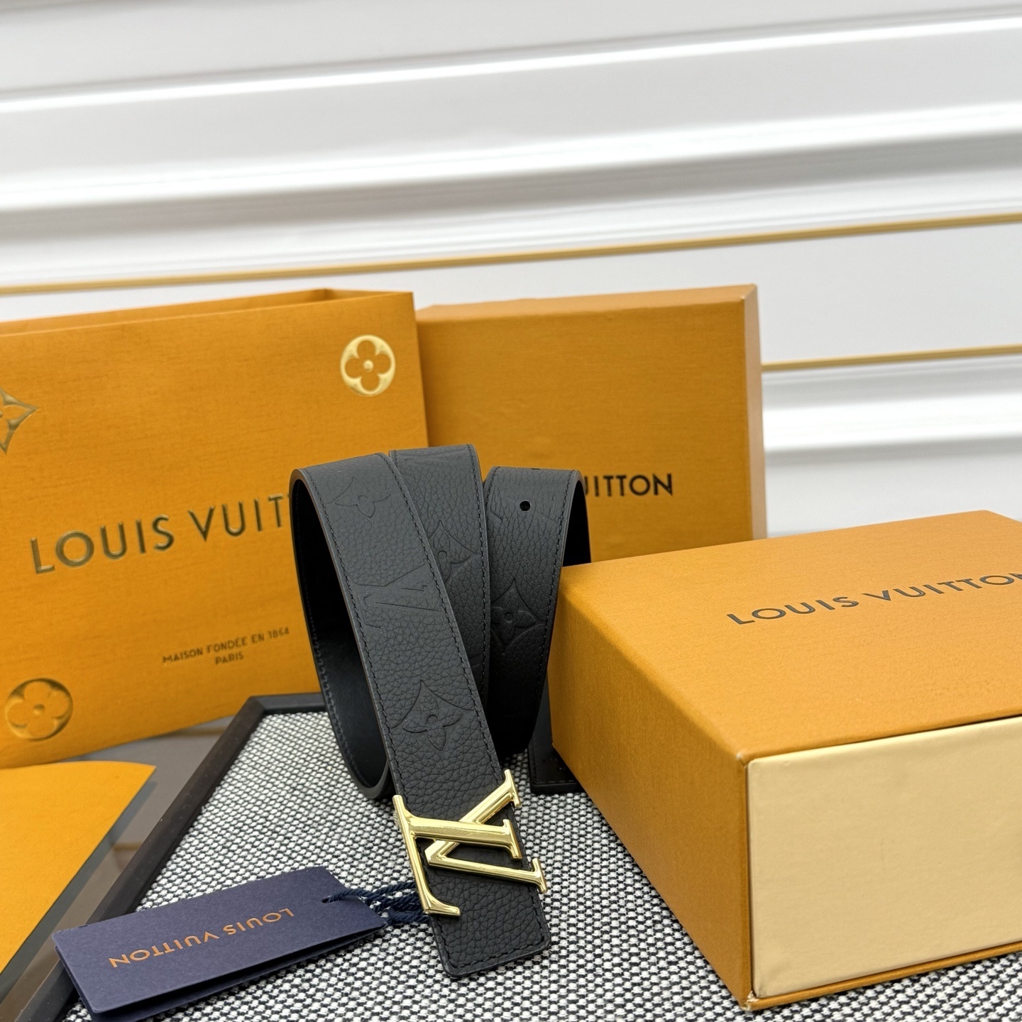 Louis Vuitton LV Initial Black Embossed Leather Belt Gold Buckle