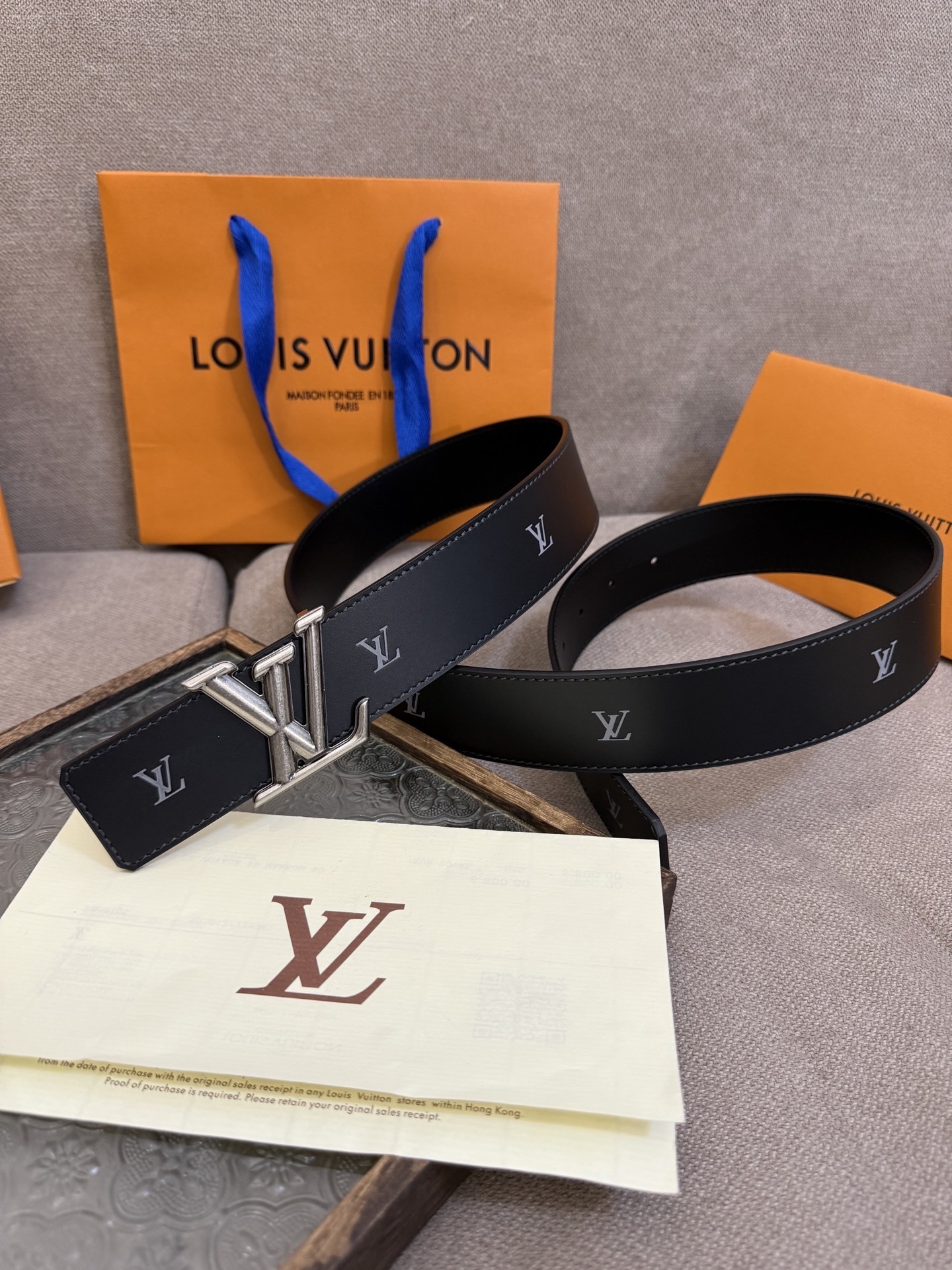 Louis Vuitton LV Initials Men's Black Leather Belt - Silver Buckle