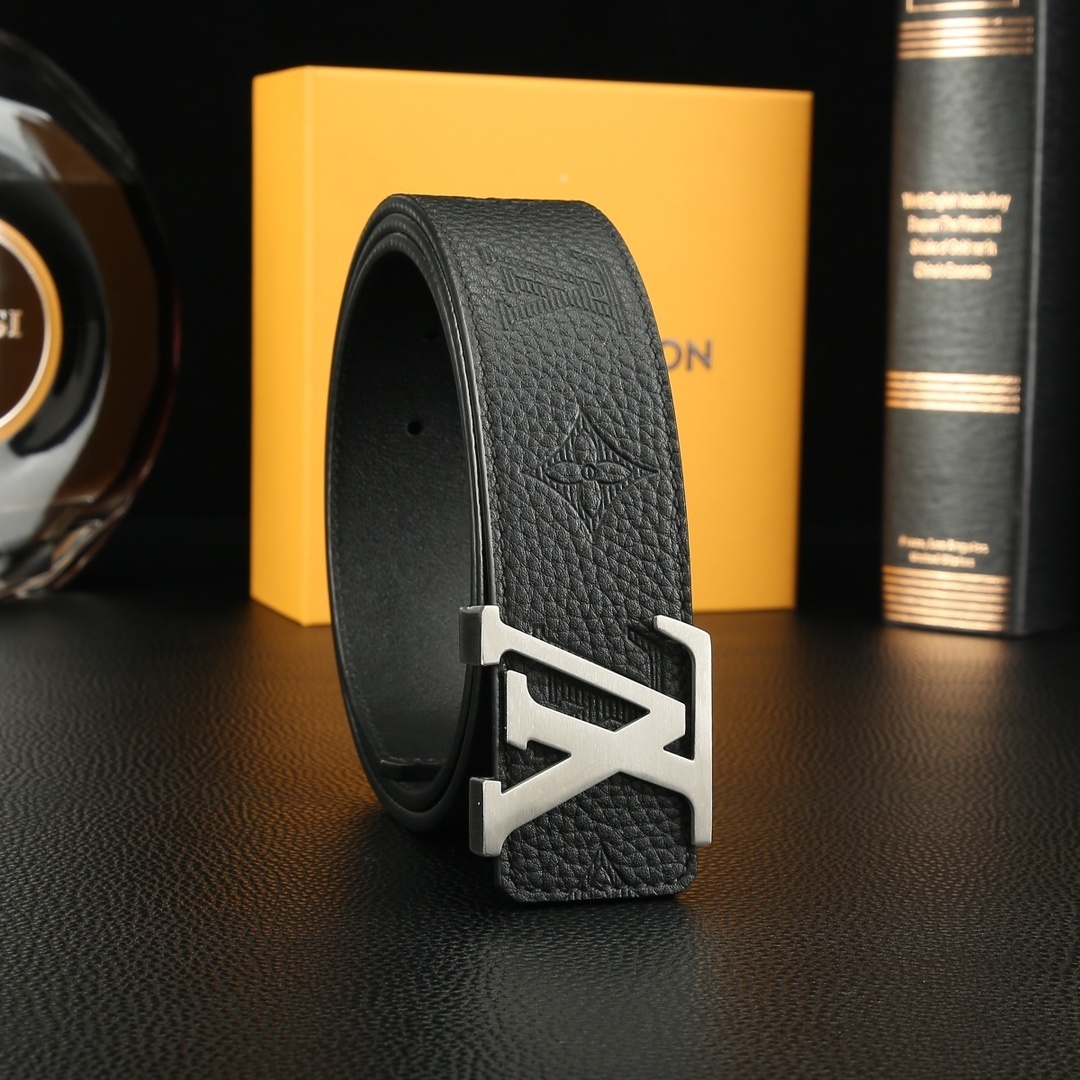 Luxury Men's Black Monogram Leather Belt - Gold or Silver Buckle