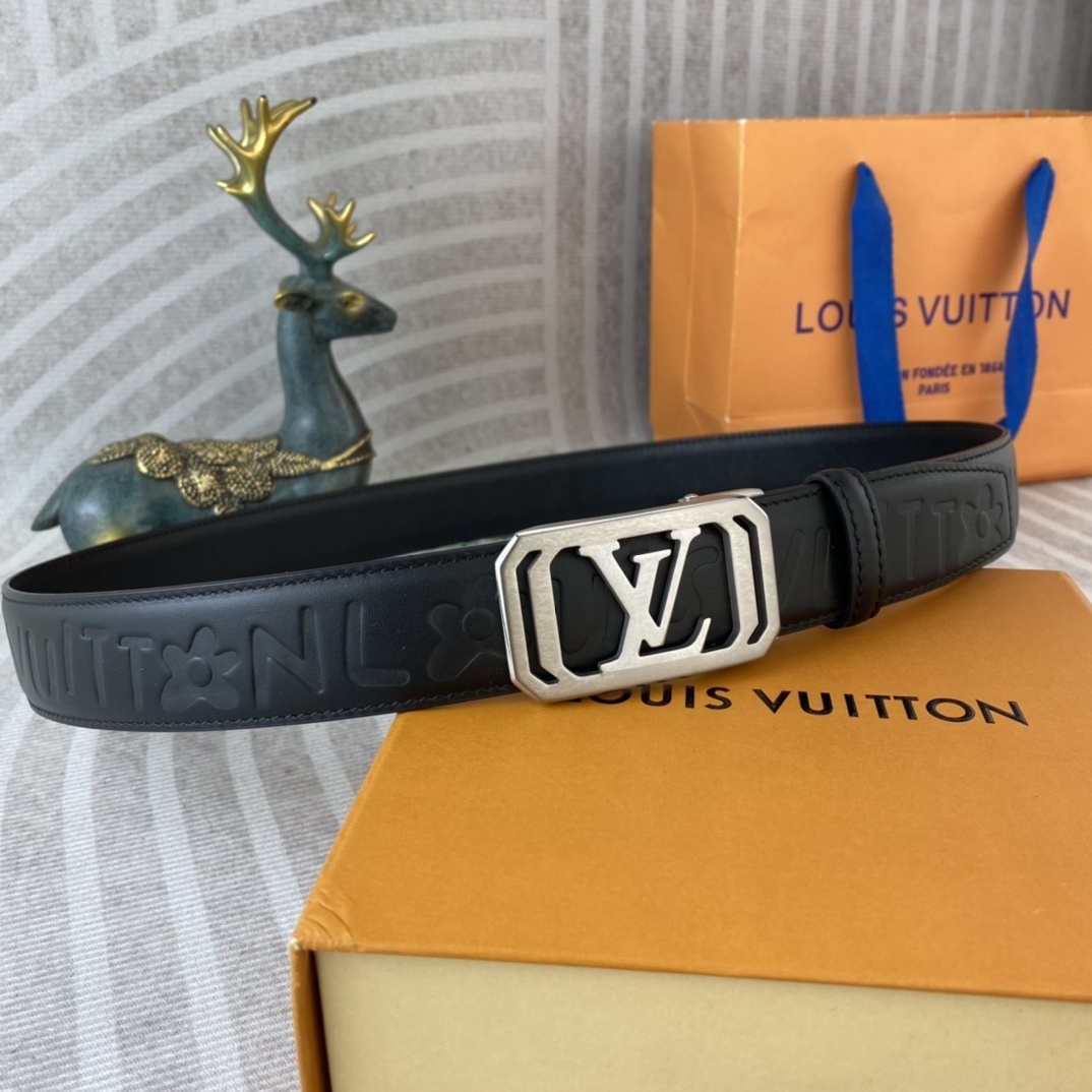 Louis Vuitton Men's Black Embossed Leather Belt with Silver LV Buckle