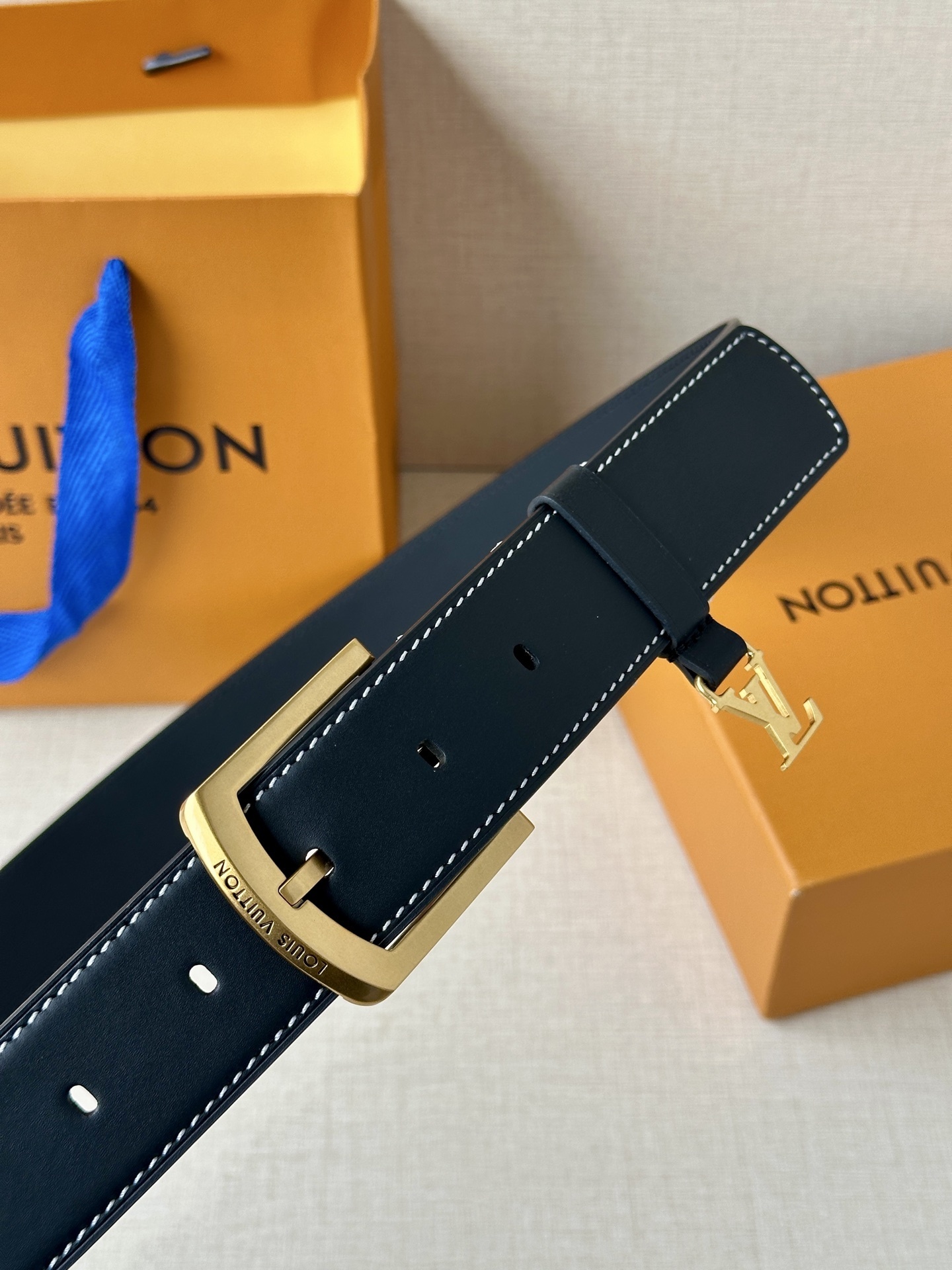 Louis Vuitton Men's Black Leather Belt with Gold Buckle & LV Charm