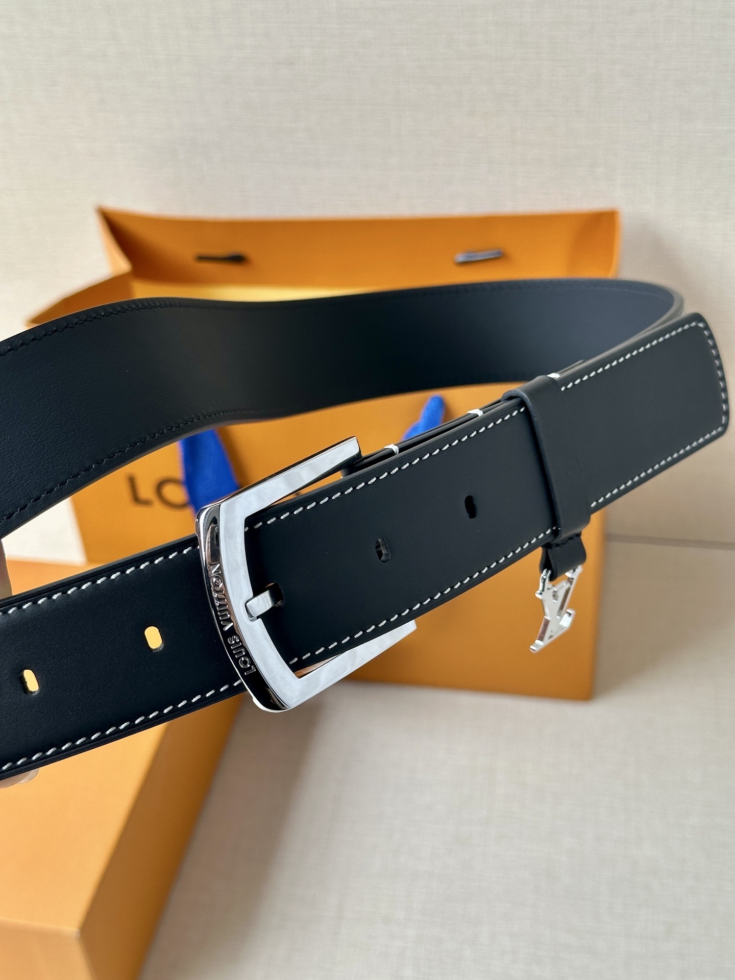 Louis Vuitton Black Leather Belt with Silver Buckle & LV Charm