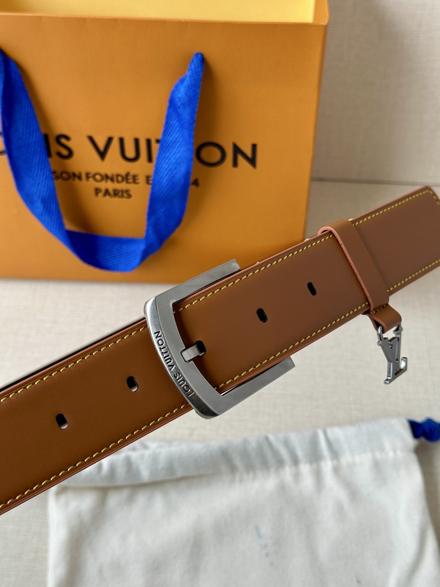 Luxury Louis Vuitton Men's Brown Leather Belt with Silver Buckle