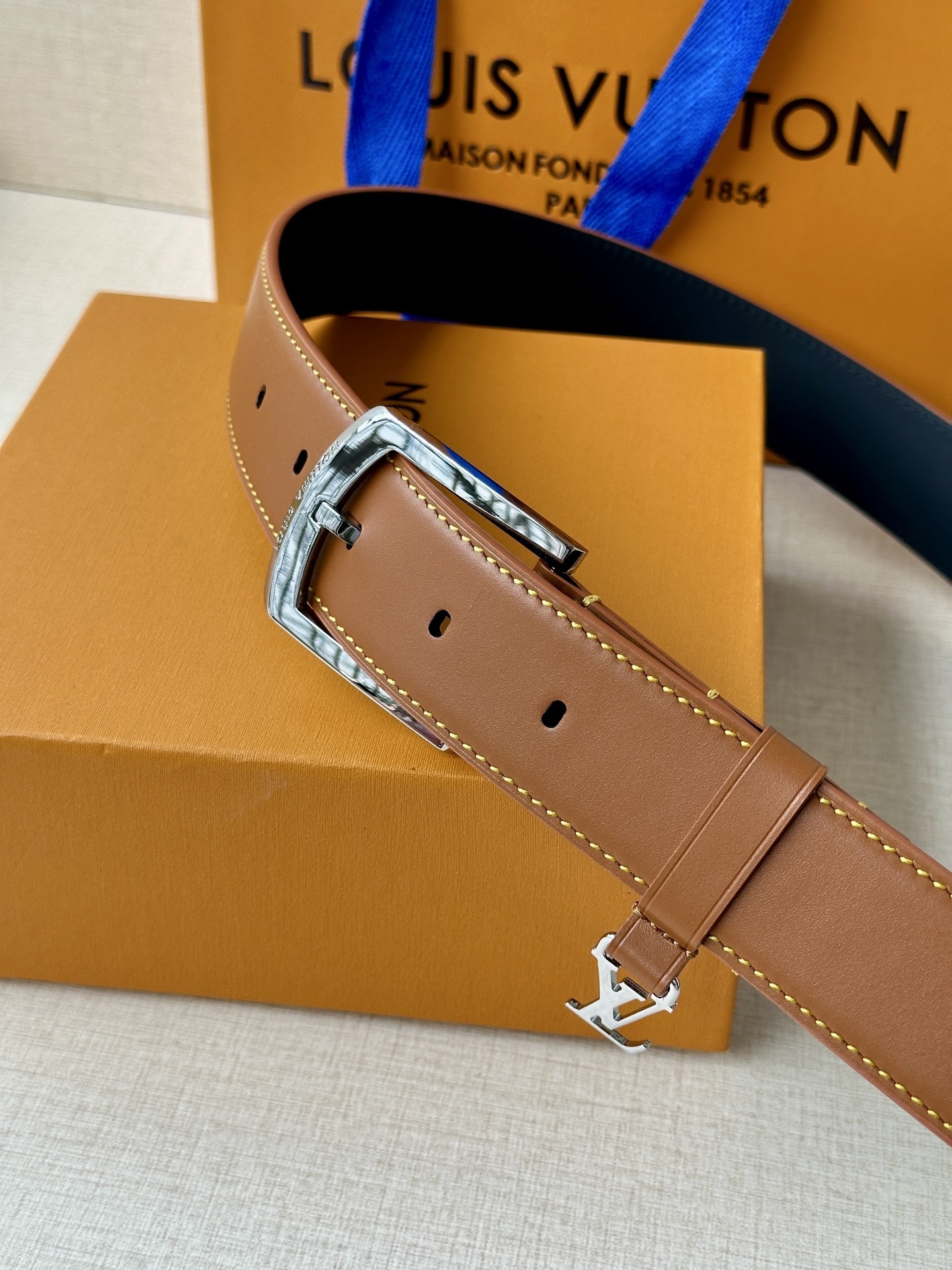 Louis Vuitton Men's Tan Leather Belt with Silver Buckle & LV Charm