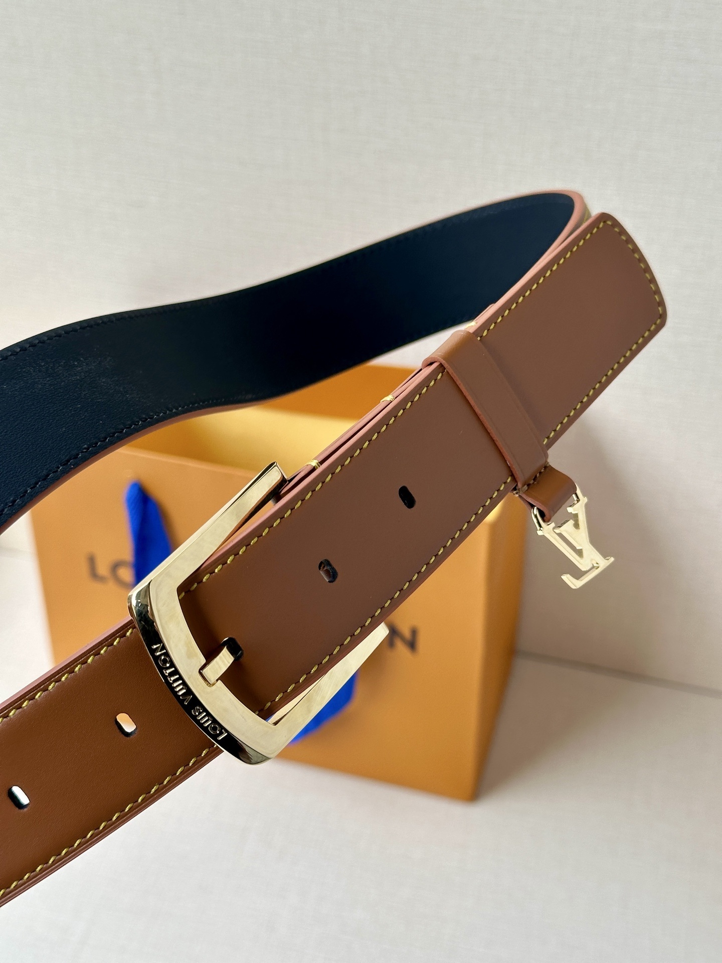 Louis Vuitton Brown Leather Belt with Gold Buckle & LV Charm