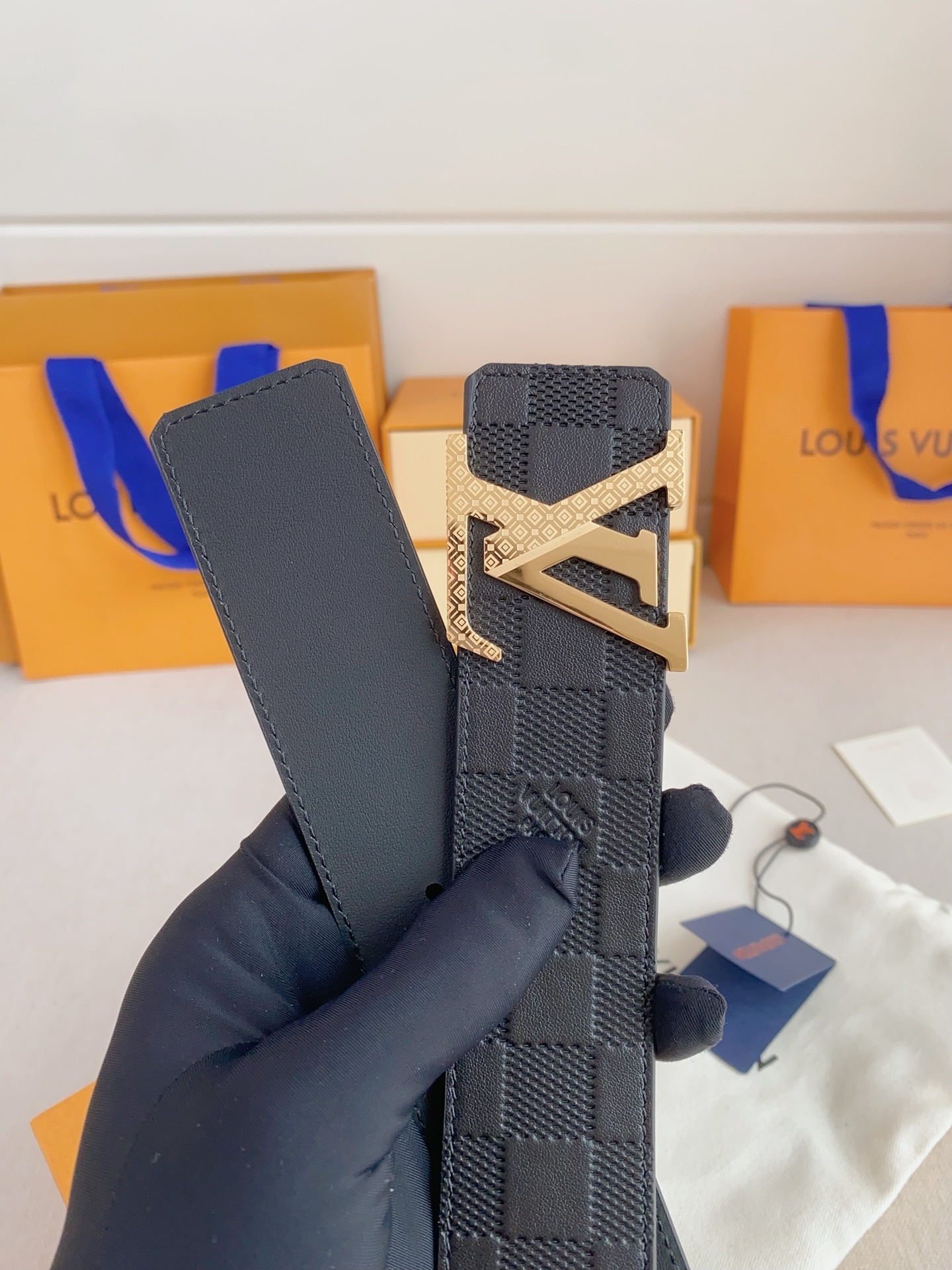 Louis Vuitton Damier Graphite Belt with Gold LV Initial Buckle