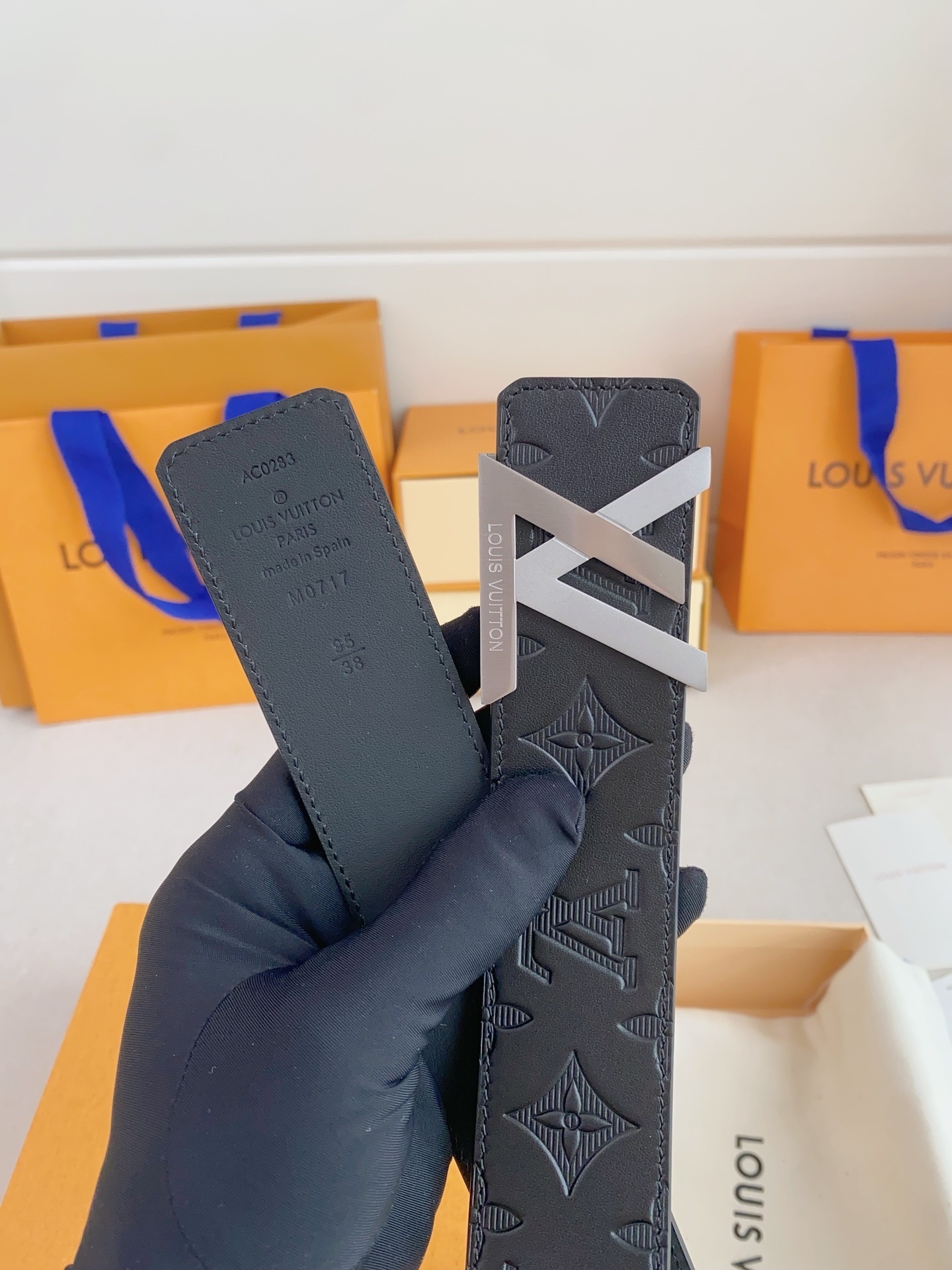 Louis Vuitton Men's Black Monogram Shadow Leather Belt Silver Buckle