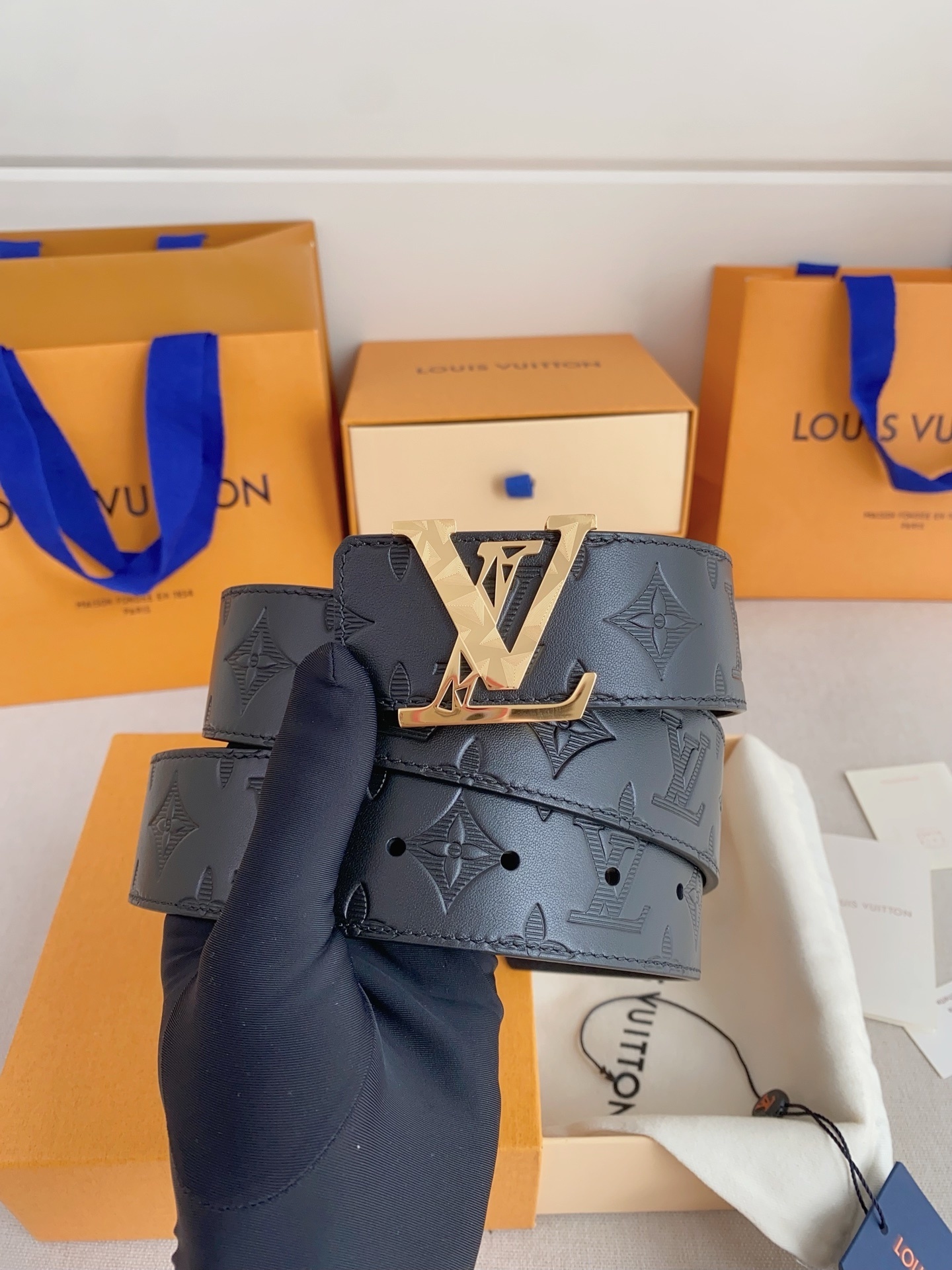 Louis Vuitton Black Monogram Embossed Leather Belt - Gold LV Buckle