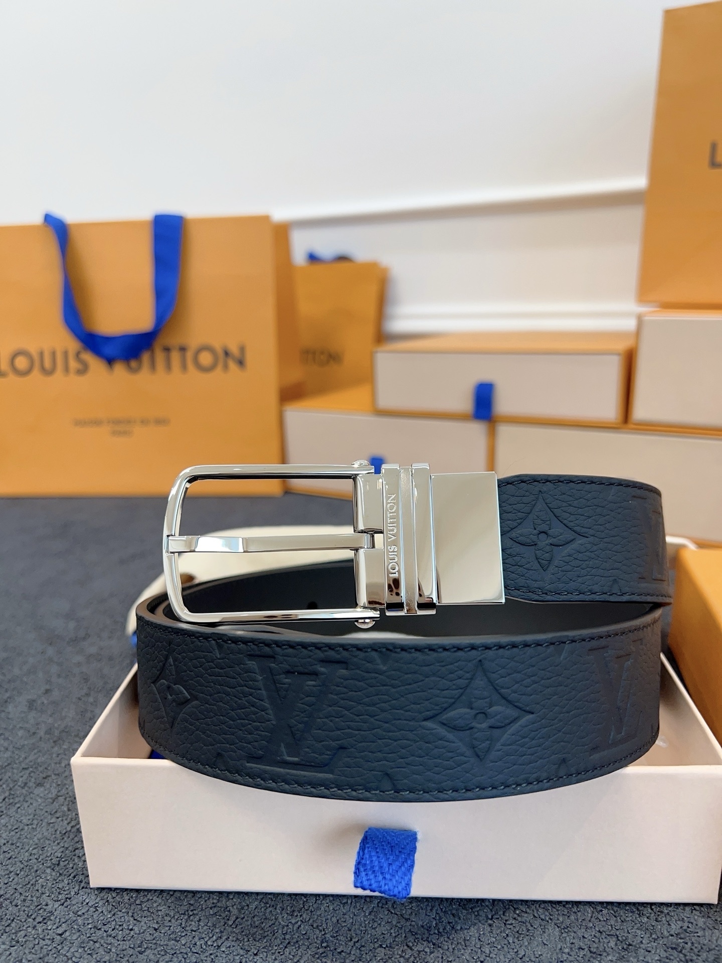 Louis Vuitton Men's Monogram Embossed Black Leather Belt